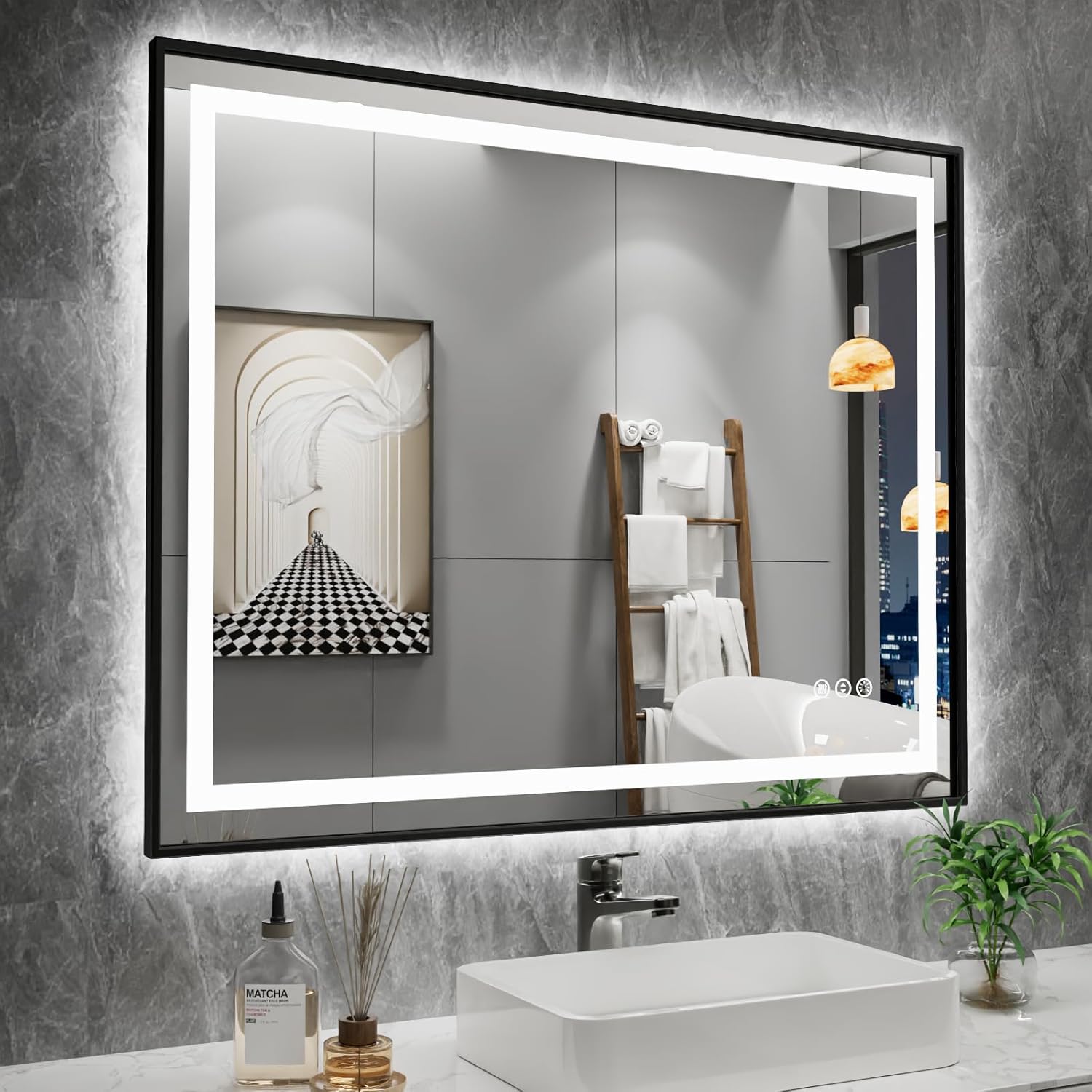 Amorho 40"X32" LED Bathroom Mirror with Black Frame, Front Light and Backlit, Stepless Dimmable, Anti-Fog, Shatter-Proof, Memory, 3 Colors, Double LED Vanity Mirror 40"L x 32"W Black Frame