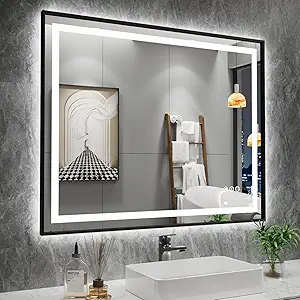 Amorho 40"X32" LED Bathroom Mirror with Black Frame, Front Light and Backlit, Stepless Dimmable, Anti-Fog, Shatter-Proof, Memory, 3 Colors, Double LED Vanity Mirror