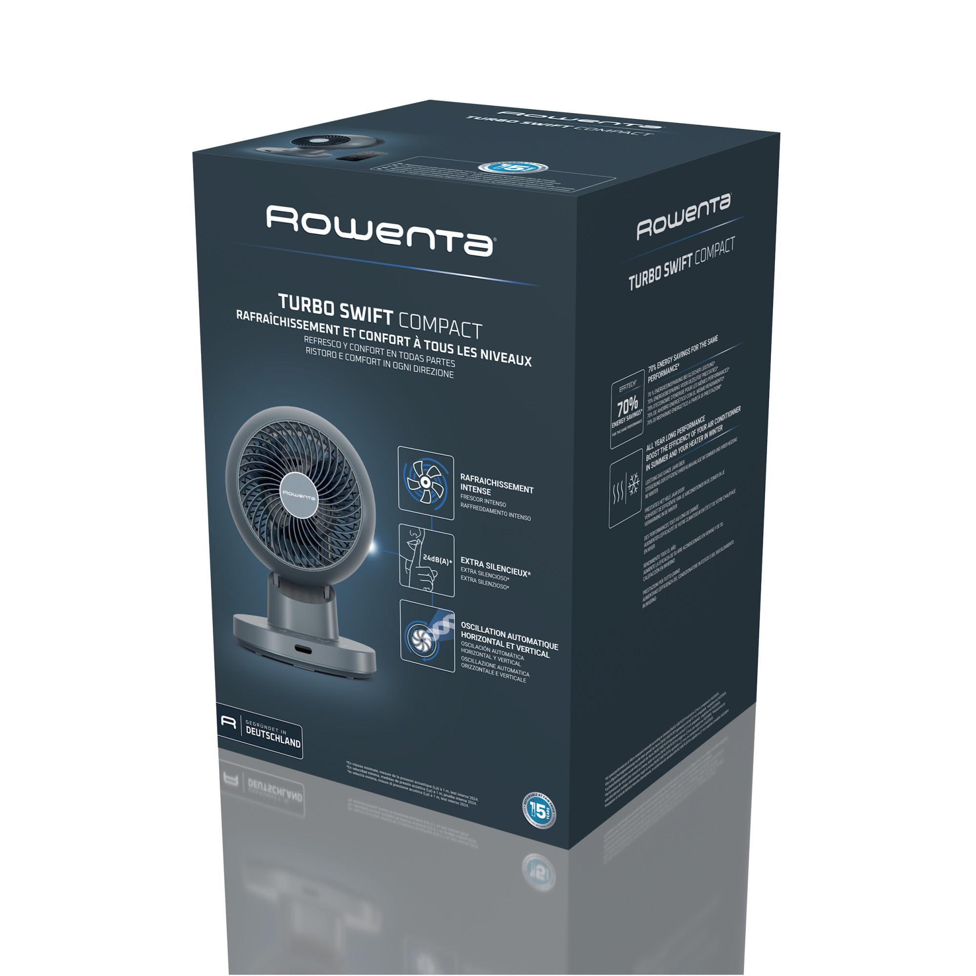 Rowenta Turbo Swift Compact, Ventilatore da Tavolo Silenzioso a 3 Modalità e 12 Velocità, con Modalità Silent Night, Oscillazione Multidirezionale, QV5041F0