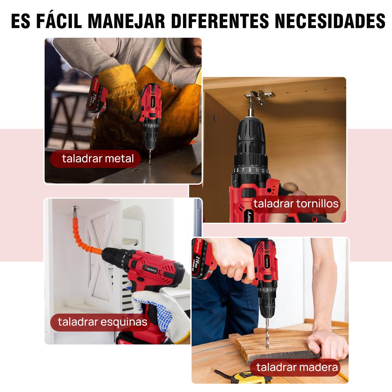 Taladro Atornillador 21V, 45N.m Atornillador Eléctrico, Taladro Combinado Inalámbrico con 25+1 de par de apriete, 2 x 1.5 Ah Batería, 29PCS Accesorios, 2 Velocidades, Luz LED,Cargador Rápido