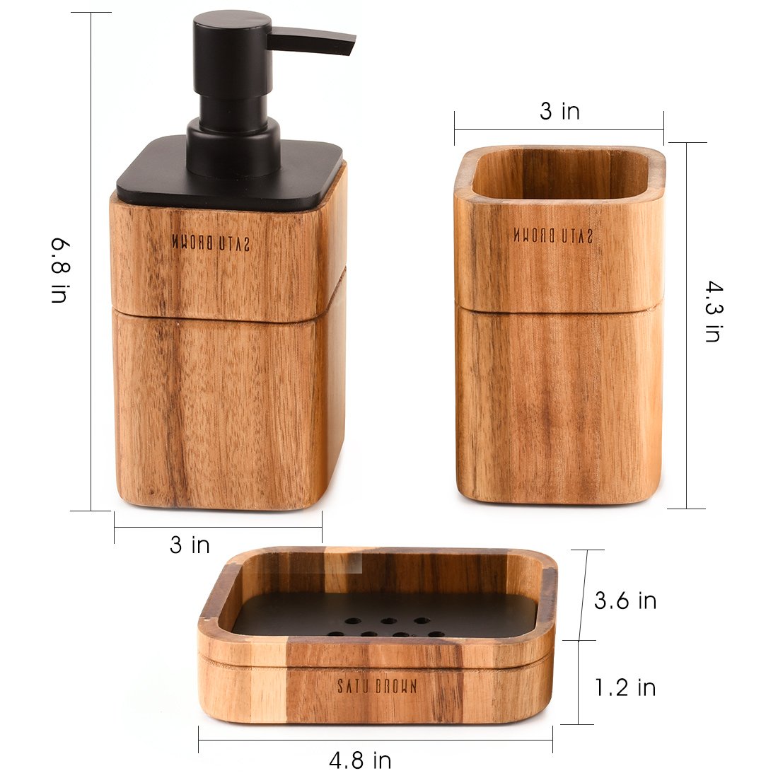Badezimmerset 3-teiliges Badzubehör-Set aus Akazienholz mit Seifenspender, Badezimmerbecher, Seifenschale, Zubehör für Badezimmerdekoration