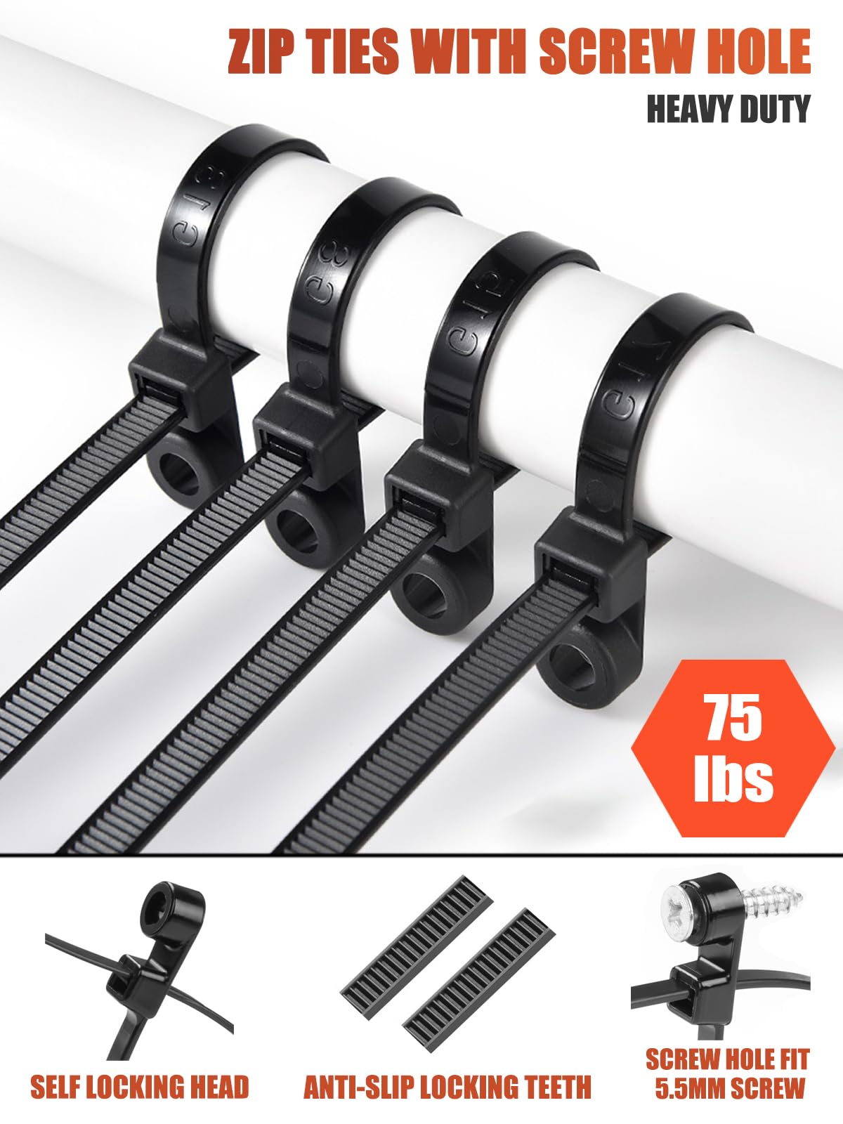 300 bridas resistentes de 12 pulgadas con agujero para tornillo, bridas de montaje de cremallera, bridas de cable de 75 libras para organizar cables y cables, bridas de montaje con tornillo para pared