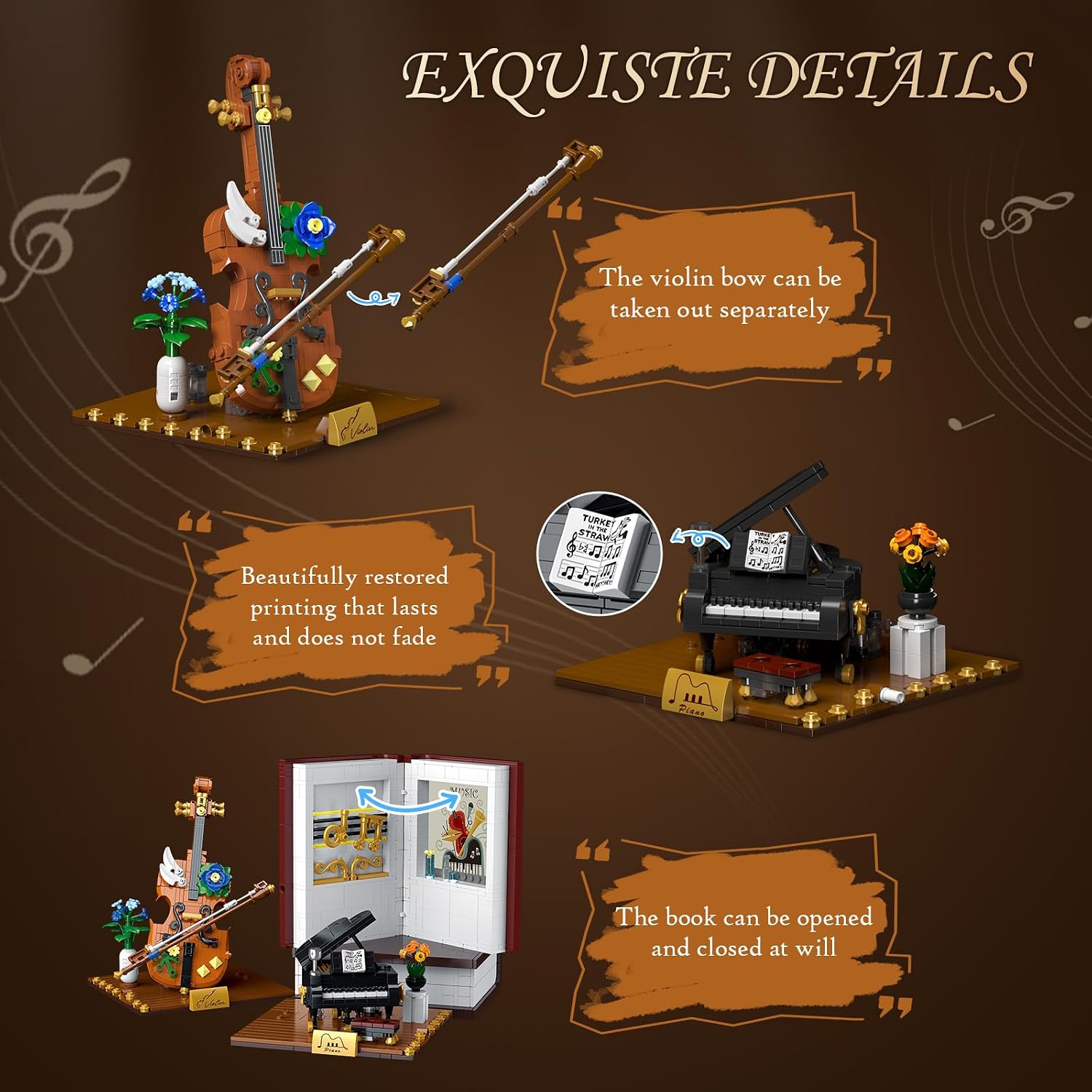 Musical Instrument Bookend Building Set with Light 028007,3 in 1 Music Theme Booknook Building Block with Piano Violin,Modular Bookshelf Model Kit,Home Decor Gifts for Adults 1520 PCS