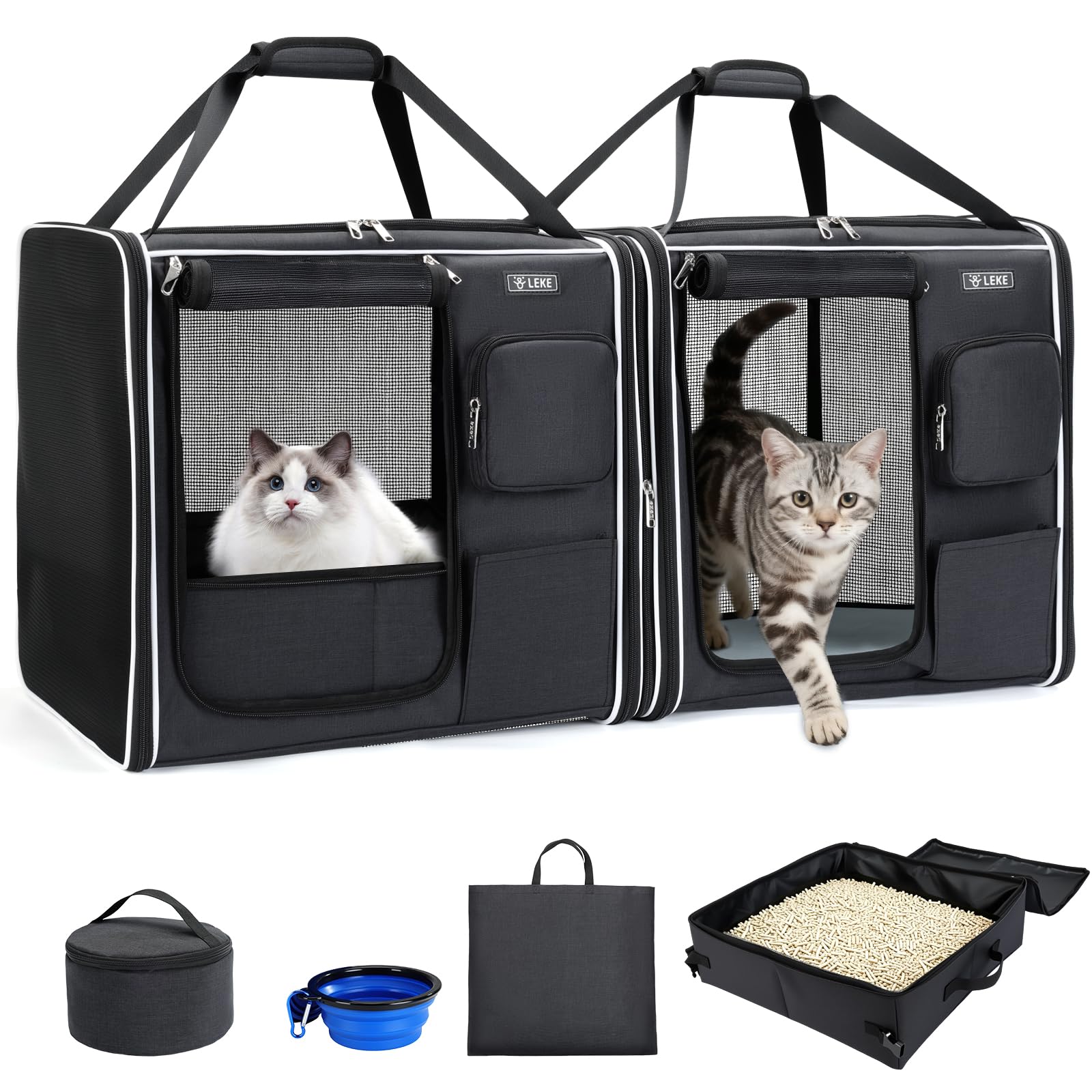 Lekereise Large Cat Carrier Soft Sided, 28" x 13" x 13", Large cat Travel Carrier for 2 Cats with Zipper Locks for Moving Across The Country(No Hammock), Foldable for Storage, Black