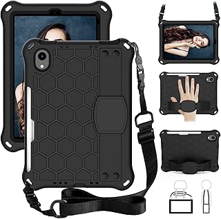 ストラップ付き iPad mini 6 2021 新型 ケース 8.3インチ iPad mini 6 ケース メンズ レディース スタンド機能 シリコンケース リストバンド ペンシルホルダー付き 耐衝撃 頑丈 ショルダー ネック ストラップ (iPad mini6, 黒+黒)