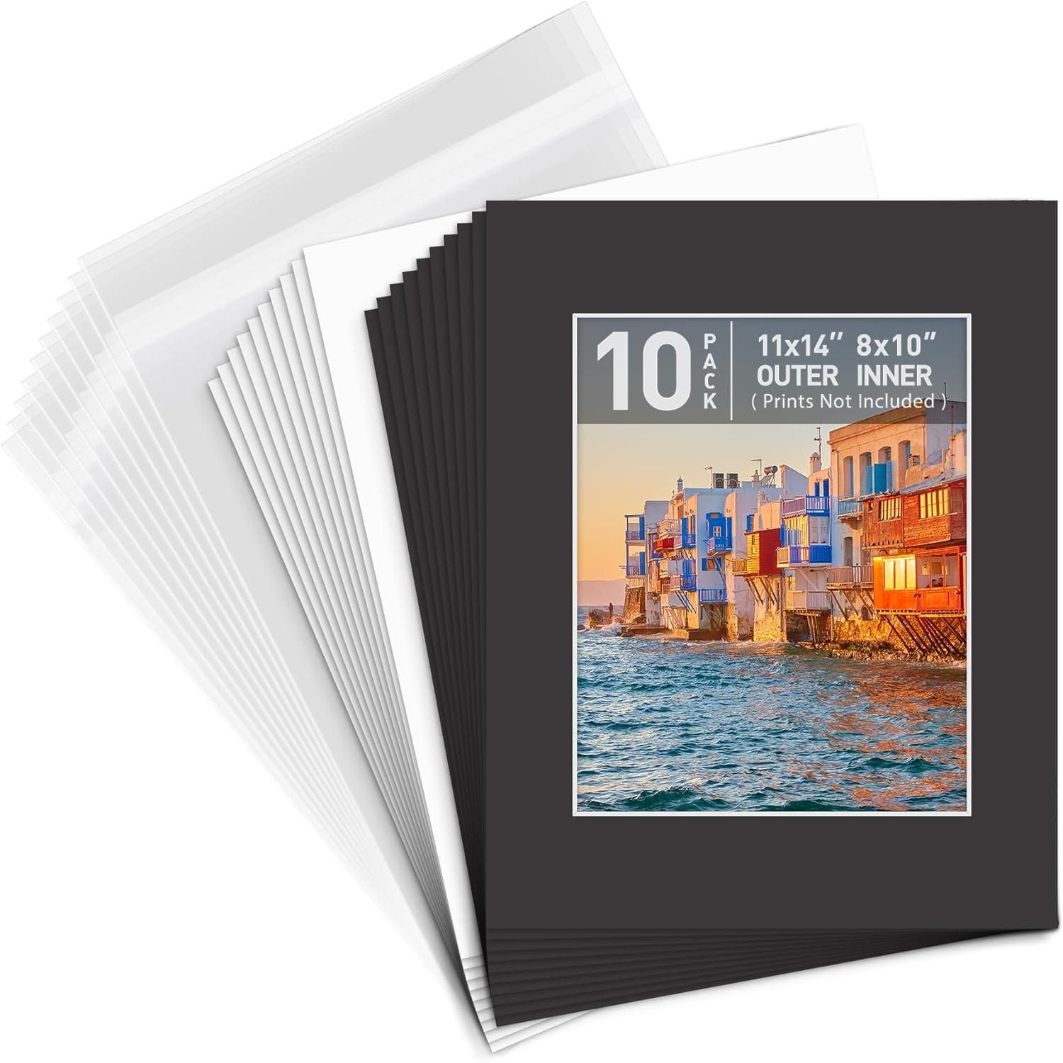 Golden State Art, Pack of 10, Pre-Cut 11x14 Black Picture Mat Kit for 8x10 Photo, 10 White Core Bevel Cut Mattes, 10 Backing Boards and 10 Clear Bags