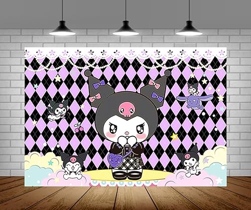 Telón de fondo rosa y morado para suministros de fiesta de cumpleaños, 5 x 3 pies, pancarta de baby shower con tema Kuromi para decoraciones de