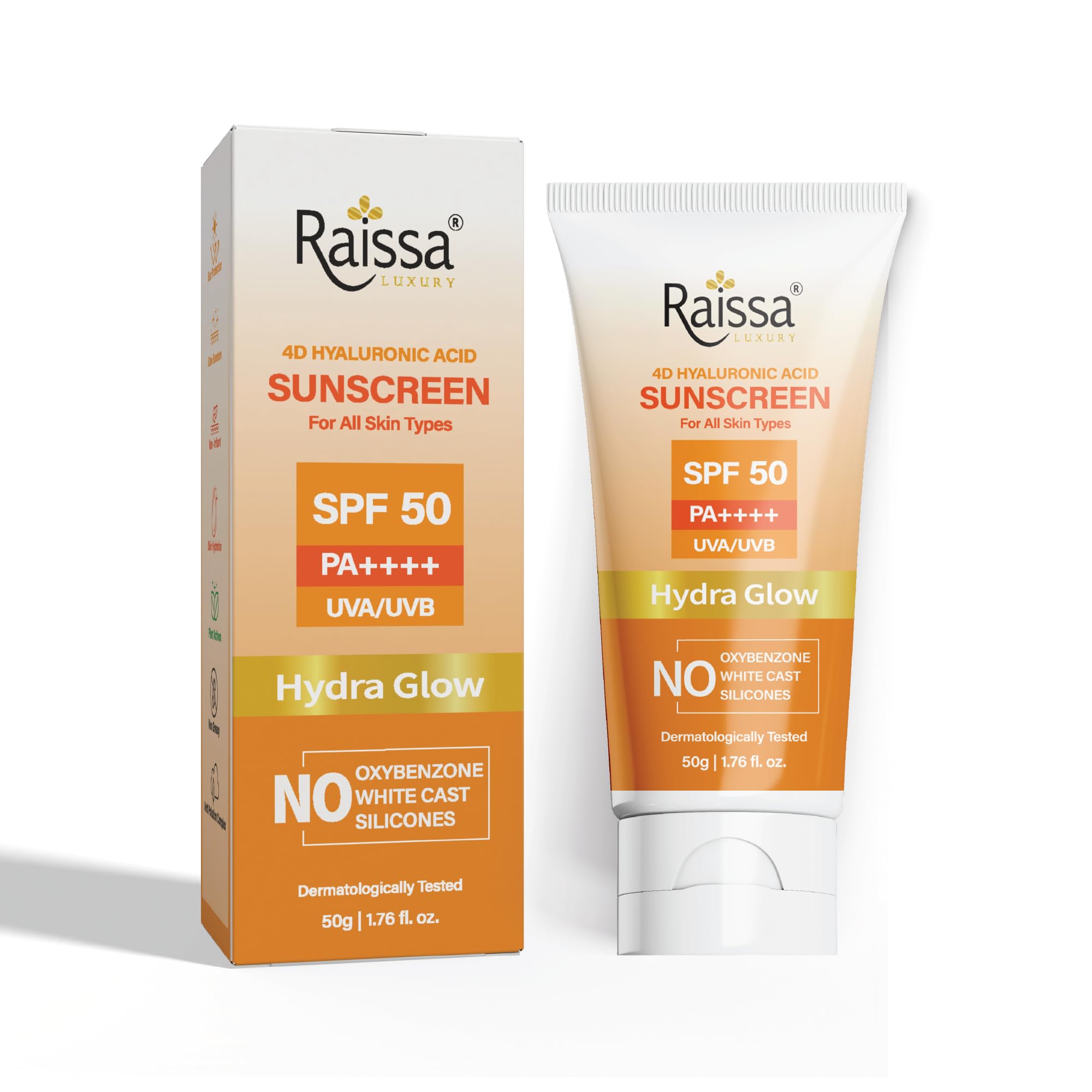 Raissa Hydra Glow De-Tan Sunscreen SPF 50 PA++++ | No Whitecast, Non-Greasy, Brightening & Hydrating | 4D Hyaluronic Acid & Niacinamide | Broad Spectrum UVA/UVB Protection | 50g Best for Summers