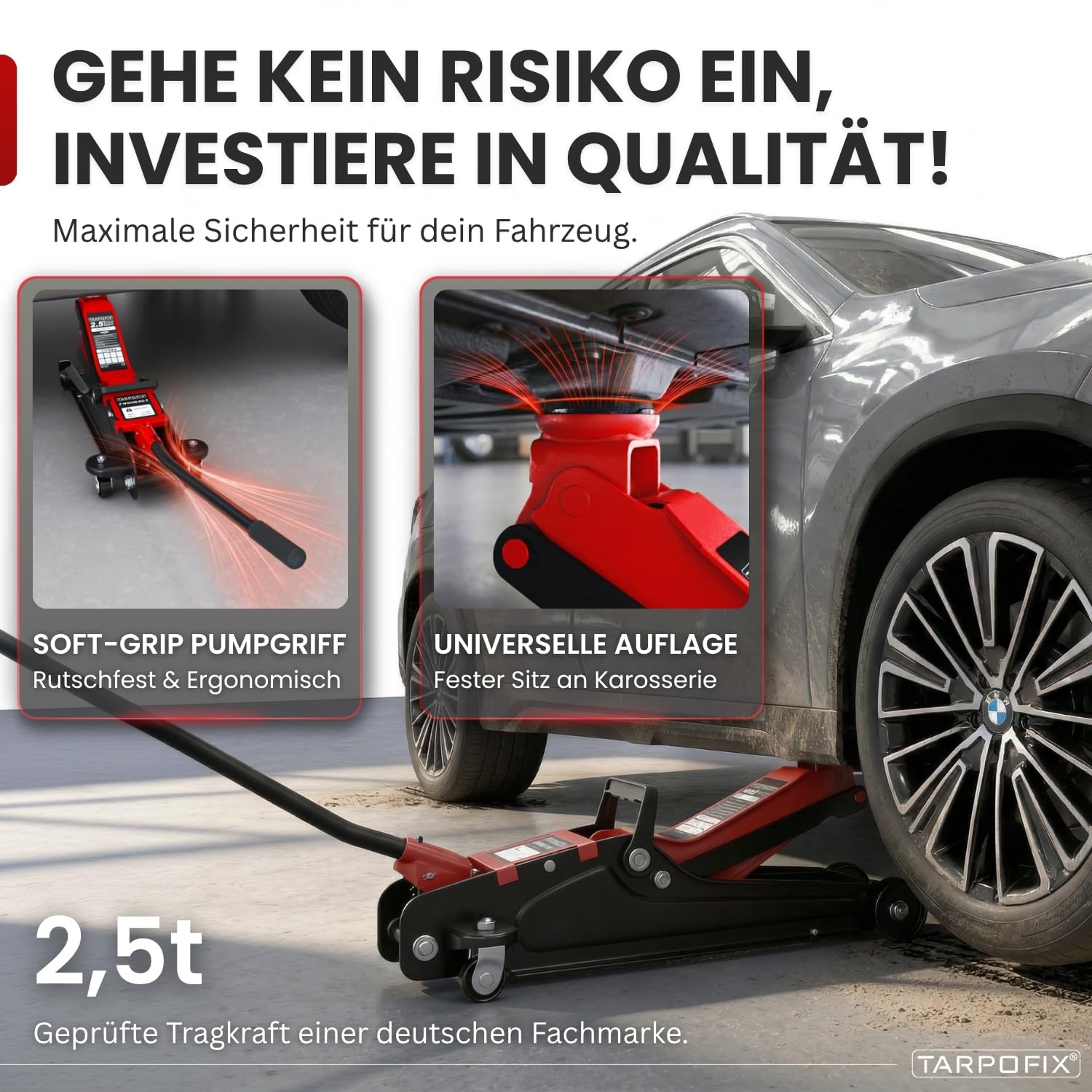 Tarpofix® Wagenheber 2,5t hydraulisch (85-380 mm Hubhöhe) | Premium-Komplettset Rangierwagenheber 2,5t mit Koffer | Hydraulischer Wagenheber flach für SUV & tiefergelegte Autos | Rot