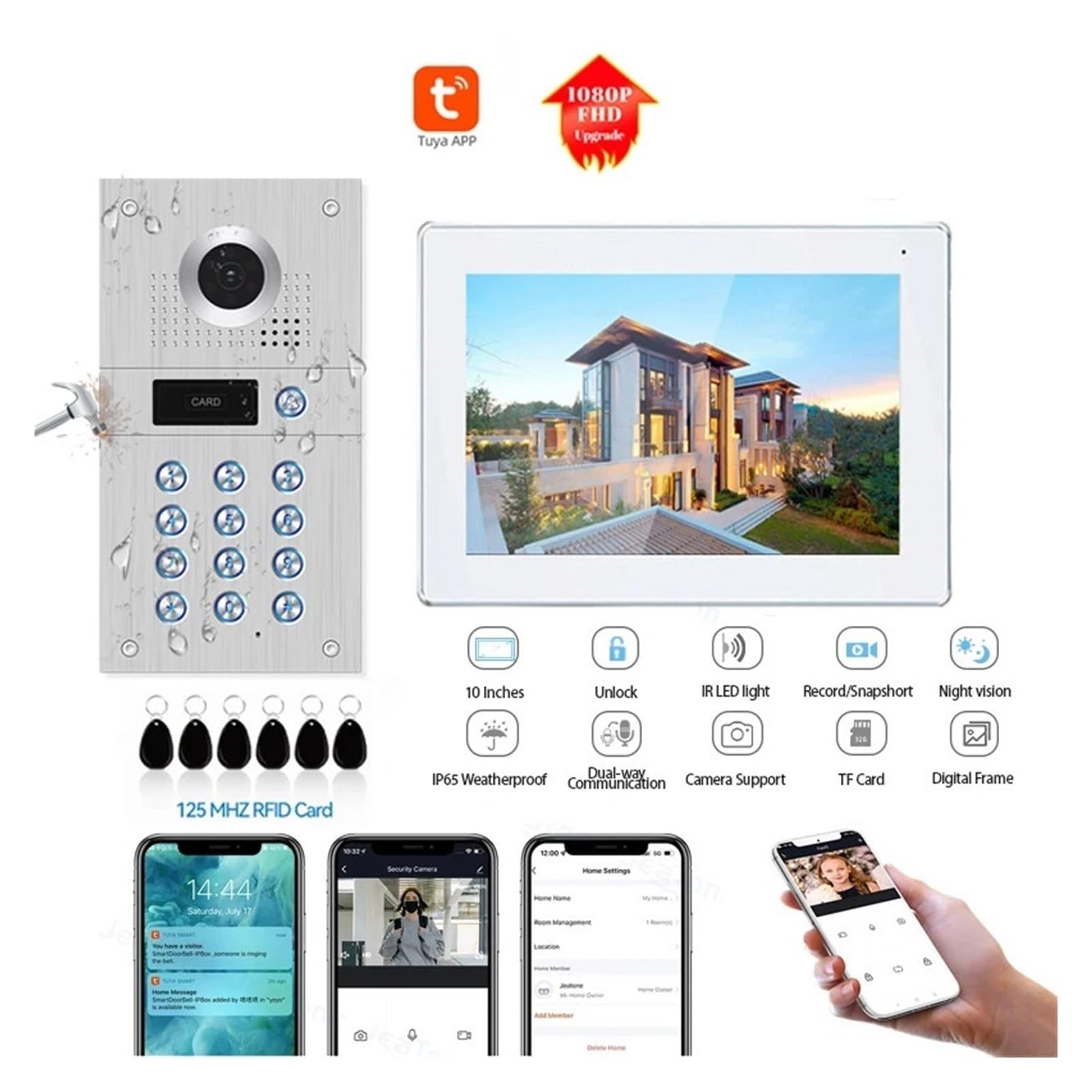 10-calowy Wideodomofon Tuya Wireless Wi-Fi 1080p Do Domowego Wideodomofonu Z Odblokowaniem Hasłem I Kartą Dwukierunkowa Transmisja DźWięKu(P218S1M121W2-86-FHD)