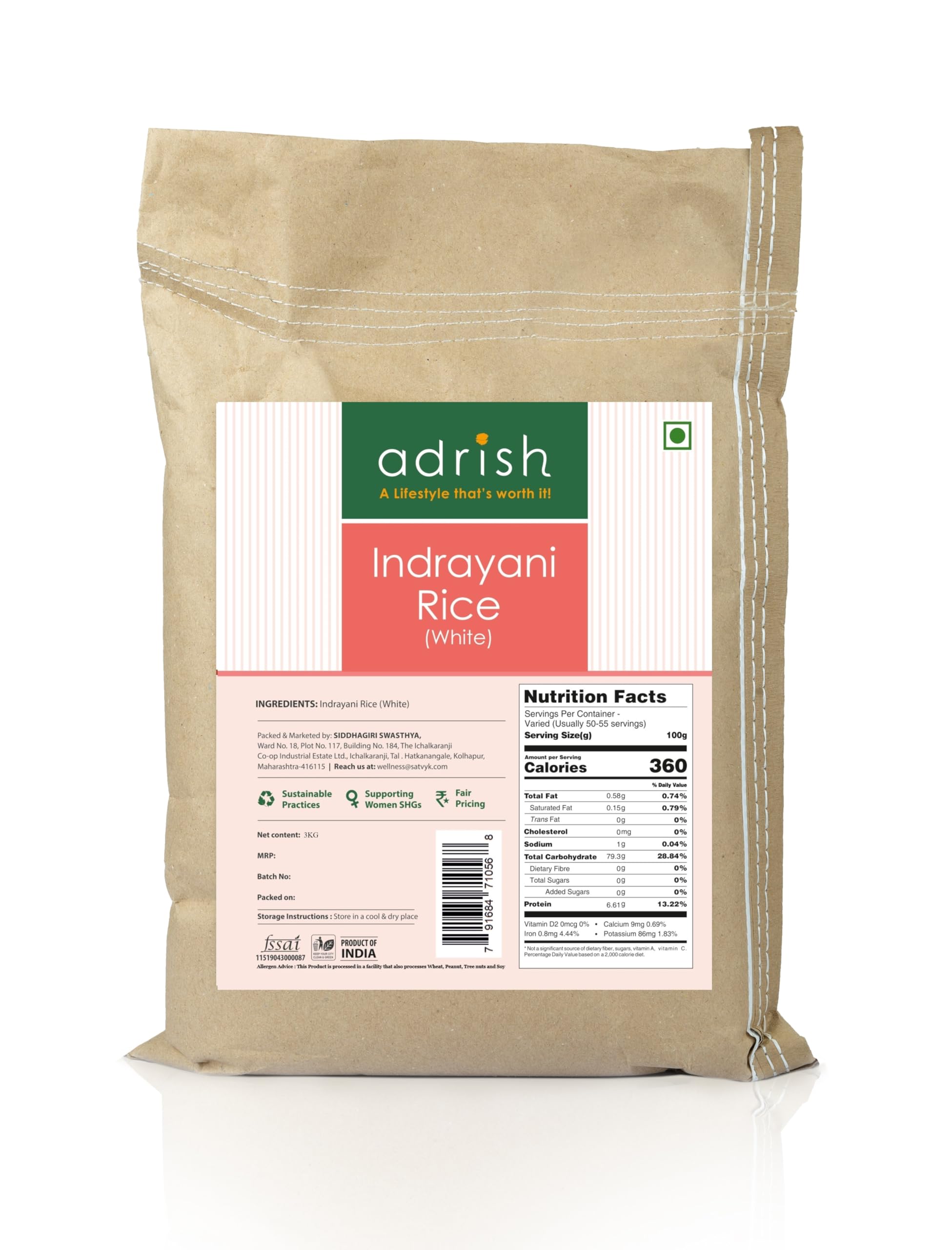 Adrish Zerowaste Organic White Indrayani Rice (3kg) - Handpounded Rice | White Indrayani Rice | Ideal for Daily Cooking | Organic Aged Rice | Protein Rich | High in Dietary Fiber Rice (B09BZ3YC5H) Amazon Price History, Amazon Price Tracker