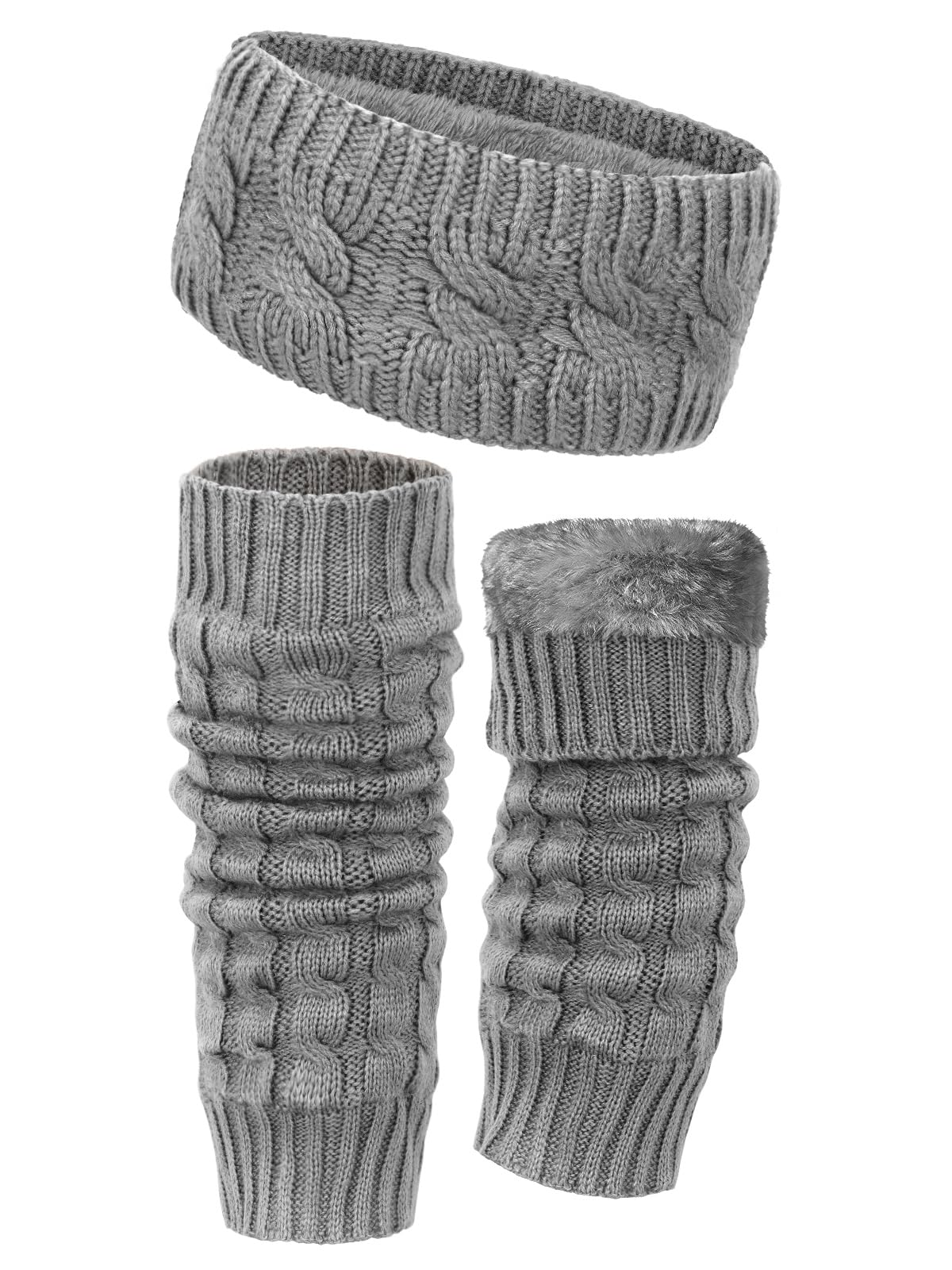 2 Pack Winter Fleece Lined Leg Warmers and Twisted Headband Set Knit Long Leg Warm Boot Sock for