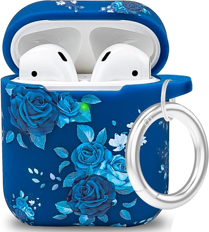 Airpod Case Soft Silicone Flower Print YOMPLOW Airpods Case Cover Flexible Skin for Apple AirPods 2&1 Charging Case for Girls with Keychain - Blue Rose