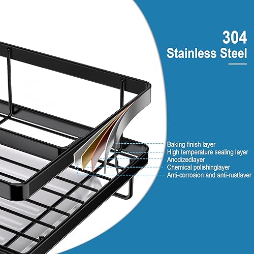 Miniatura 7 de Organizador de fregadero de cocina con soporte alto para cepillos, soporte de esponja de acero inoxidable para fregadero de cocina con bandeja de