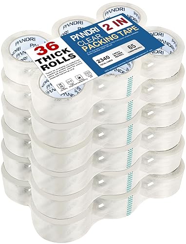 PANDRI Cinta de embalaje, 36 rollos de cinta de embalaje transparente resistente para embalaje de envío, sellado en movimiento, 2 pulgadas de ancho,