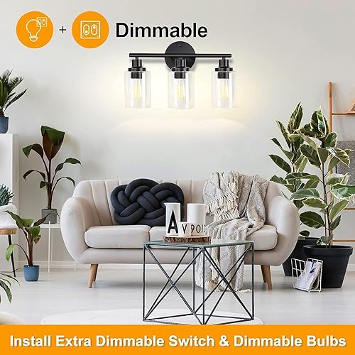 Miniatura 6 de Pia Ricco Lámparas de tocador de baño, 3 luces negras con pantallas de vidrio transparente, moderna lámpara de pared sobre espejo, apliques de pared