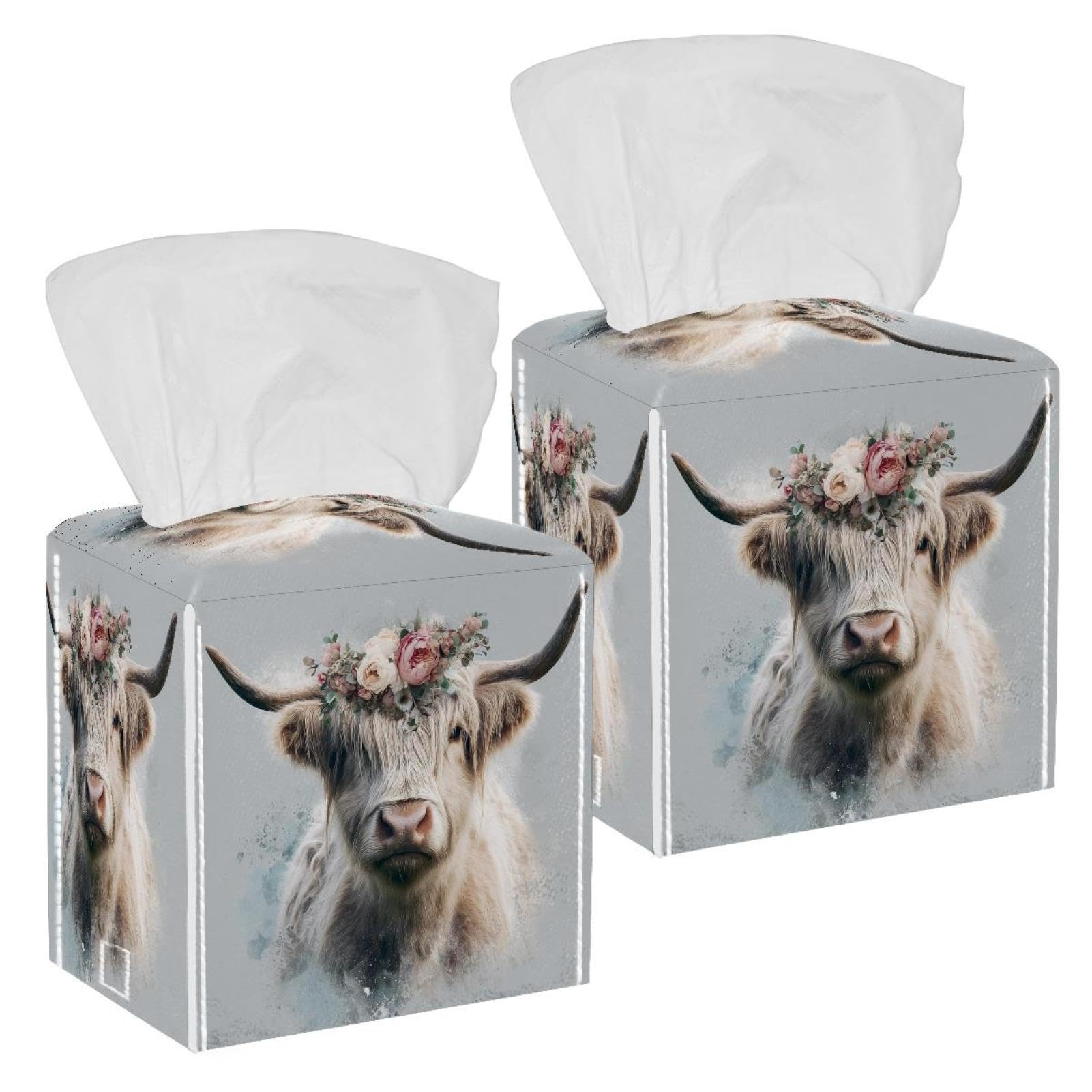Highland Cow Tissue Box Cover, 2 Pack PU Leather Square Facial Tissue Dispenser Box holder for Home Office Car