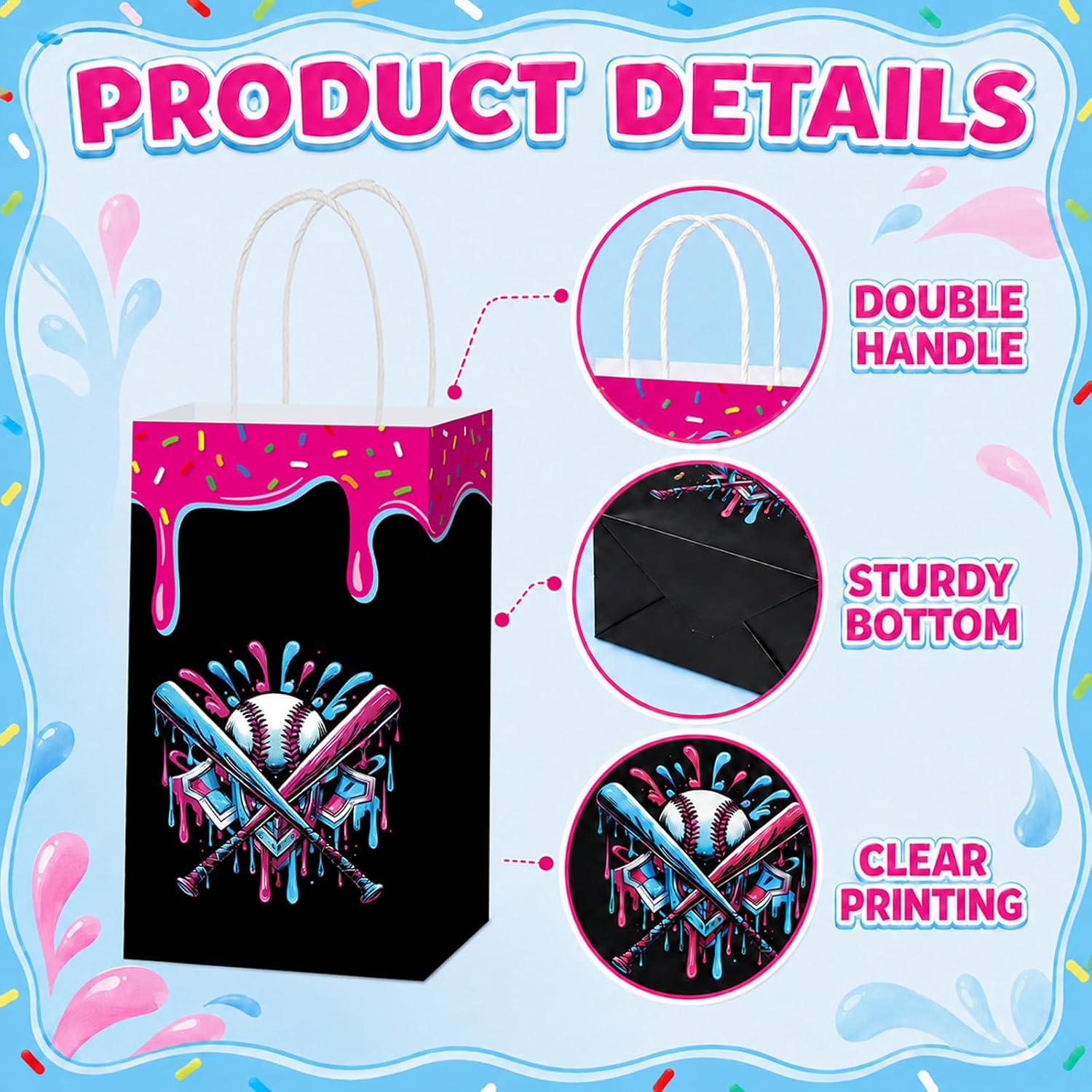 24Pcs Ice Cream Drip Baseball Party Favor Bags with Handles Baseball Ice Cream Drip Party Supplies Sport Theme Treat Candy Goodie Gift Bags for Sport Team Gift Summer Birthday Decorations Supplies