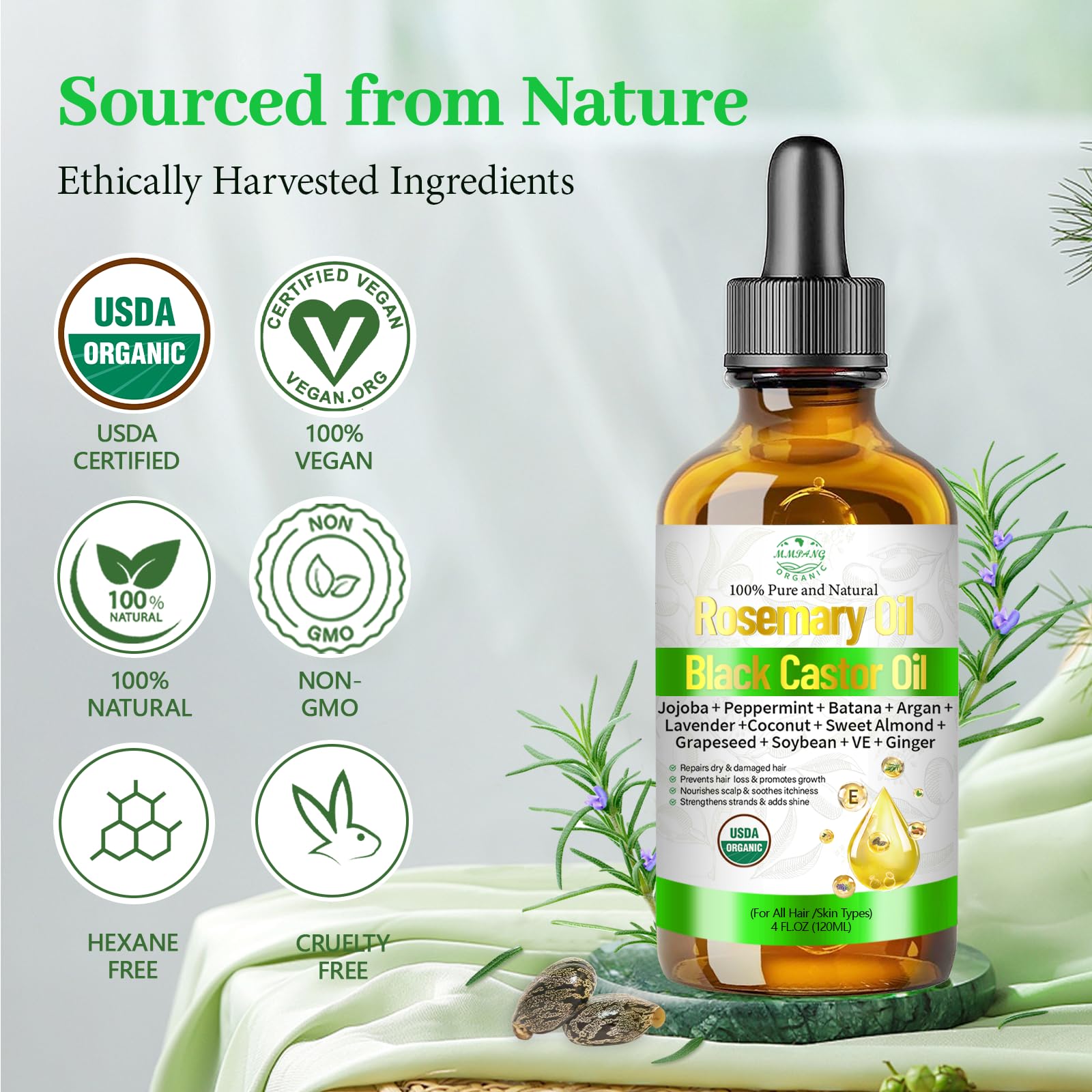 Aceite de romero para el crecimiento del cabello con ricino, mezcla orgánica prensada en frío, aceite natural para el cuero cabelludo, alivia la picazón del cuero cabelludo, repara el cabello seco y 6