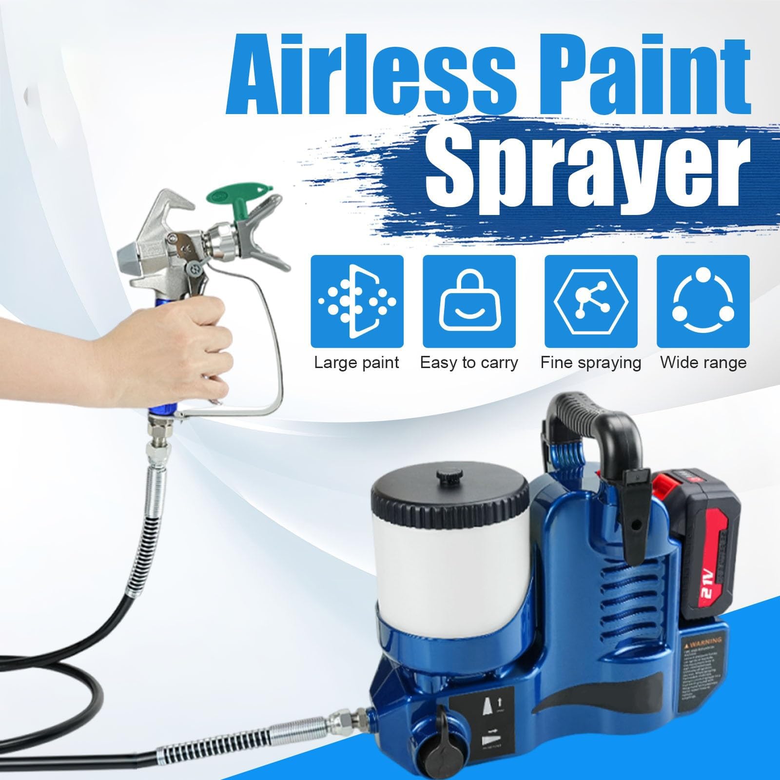 Pulvérisateur de peinture sans fil 550 W haute pression, 2 batteries, débit de 1,1 l/min, réglage de 6 vitesses pour projets de bricolage intérieurs et extérieurs