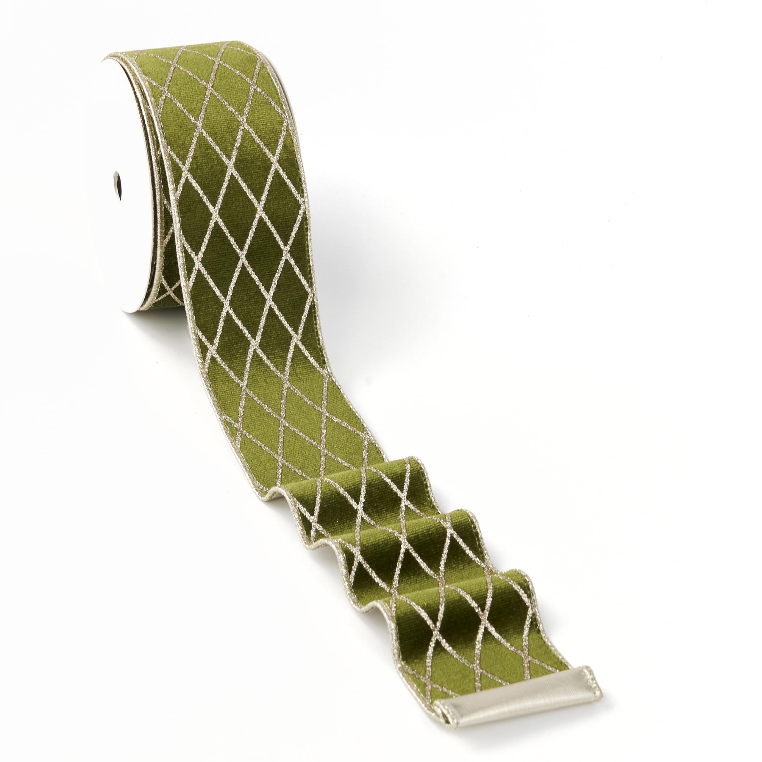 MAYREEL 2.5 Inch Moss Green and Gold Velvet Wired Ribbon Metallic Diamond Glitter Grid for Christmas Gift Wrapping Floral Craft Bows Wreaths Garland