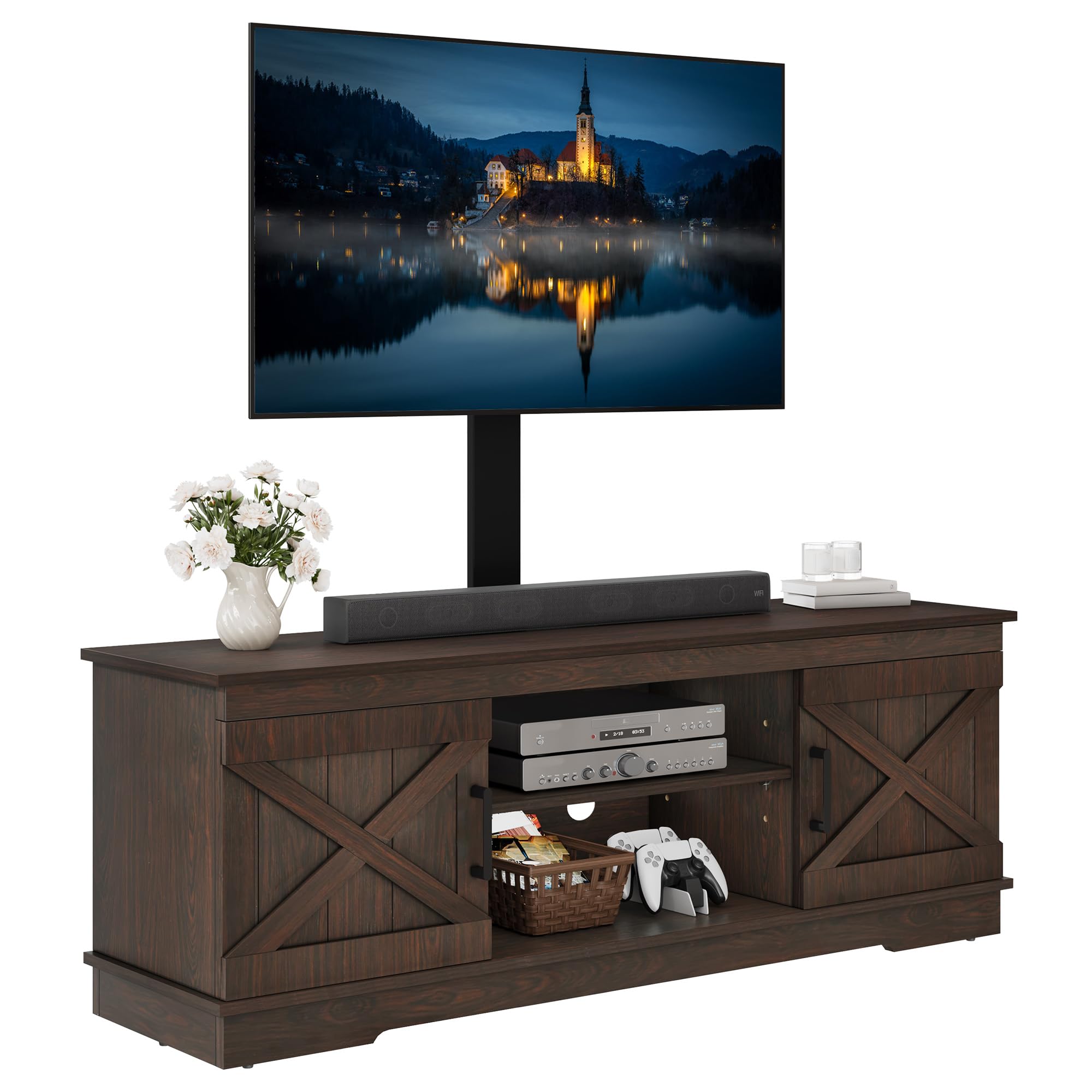 YITAHOME Farmhouse TV Stand with Mount, Sturdy TV Stand Mount for 32/45/55/60/65/70 inch TVs, Entertainment Center with Adjustable Shelf, TV Cabinet Media Console for Living Room, Espresso