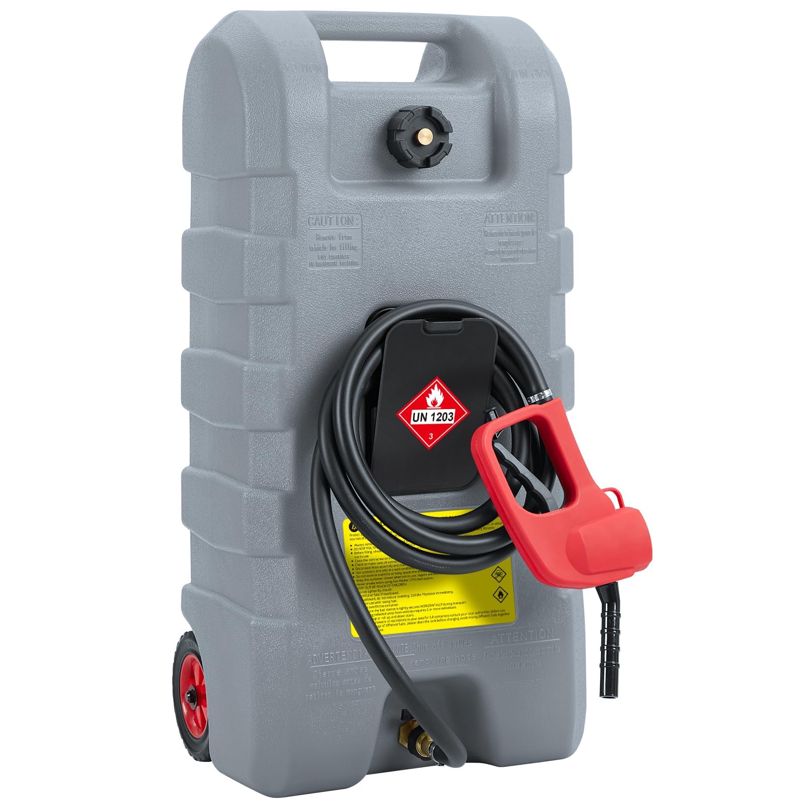 Djioyer Grey 15Gallon Fuel Can With Manual Pump, 3M Hose, Portable Gas Caddy With Wheels