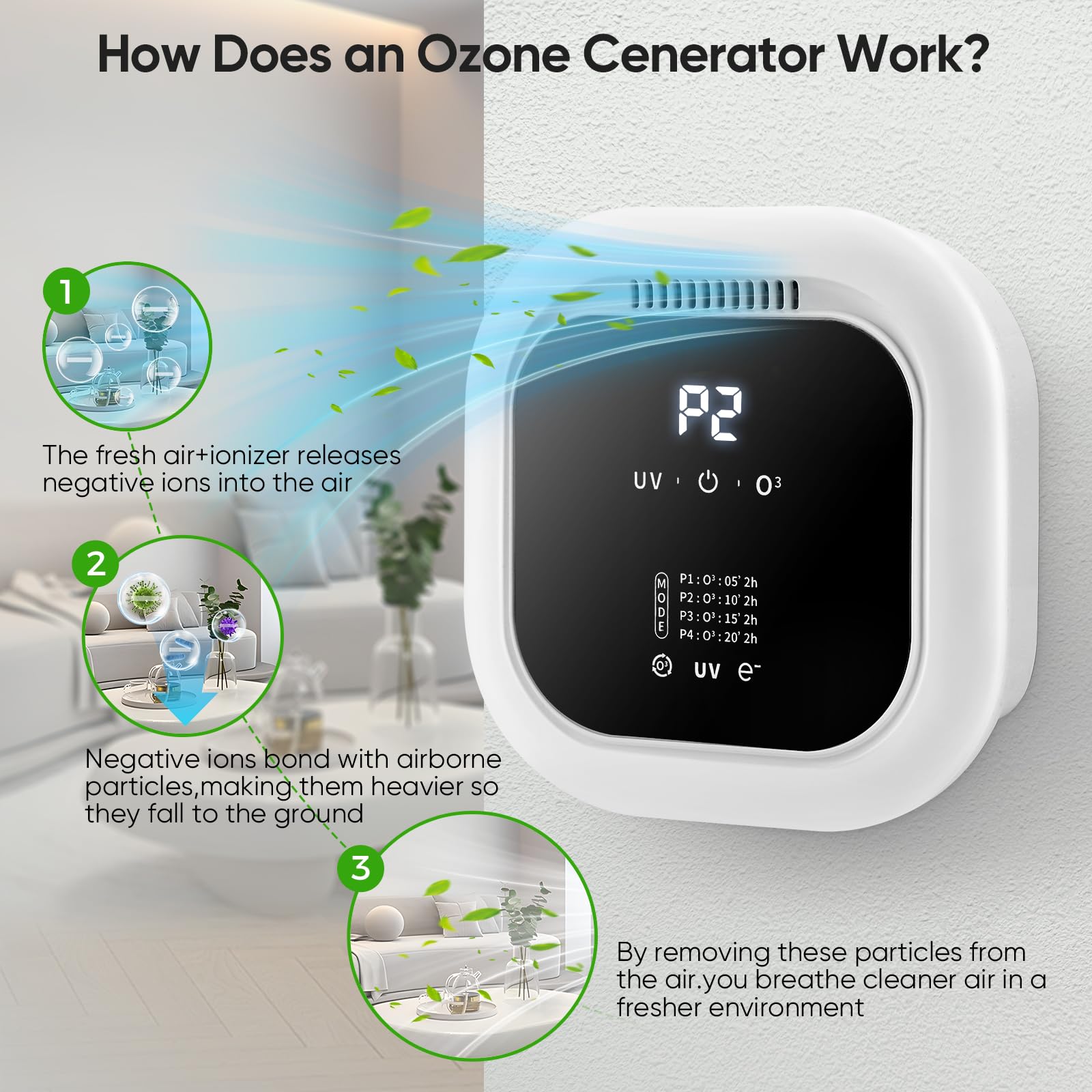 Purificatore D'Aria,Generatore Di Ozono 5000 Mah,Con Sterilizzazione Uv,Aromaterapia,4 Modalità,Ozonizzatore,Ionizzatore Per Ambienti,Bagno, Cucina,Auto,Animali Domestici