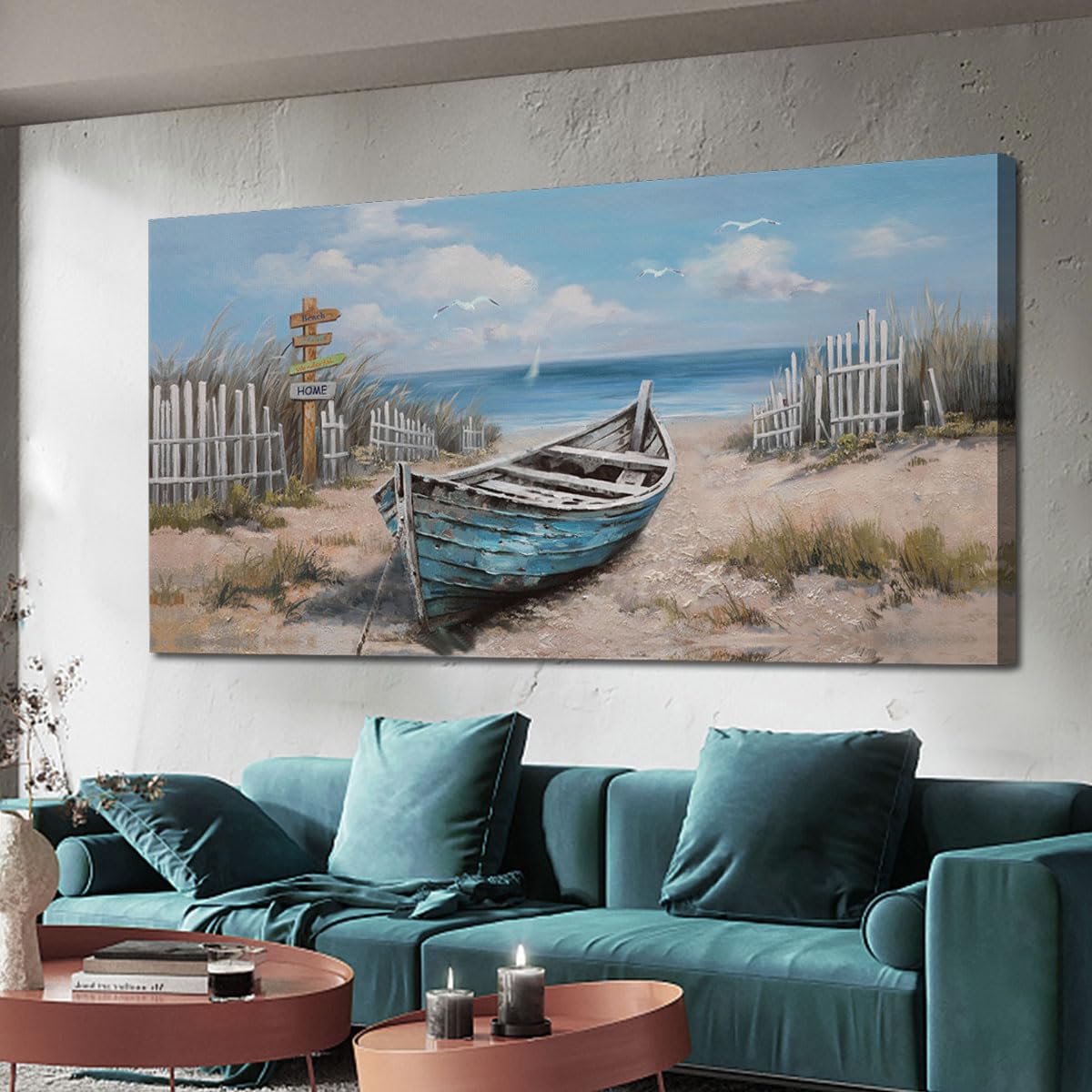 Ardemy Boat Canvas Wall Art Nautical Art Wall Decor for Living Room, Blue Teal Bedroom Picture Textured Beach Painting Framed Artwork Dining Room Home