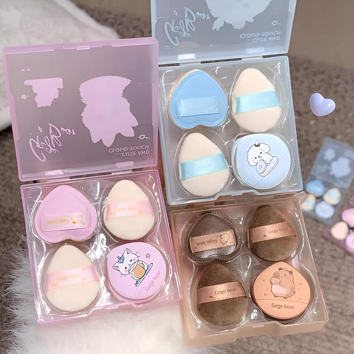 Gege Bear Cute And Cloud Feeling Powder Puff Set | Non-Latex Plush Beauty Blender Pack | Multi-Shapes Foundation Application Tools | Heart Teardrop Round Shape Puffs | Adorable Pink Blue Brown Makeup Accessories Organizer Kit | Kawaii Bear Design Cosmetic Puffs For Women Girls (02#Blue, 5pcs)-picture-14