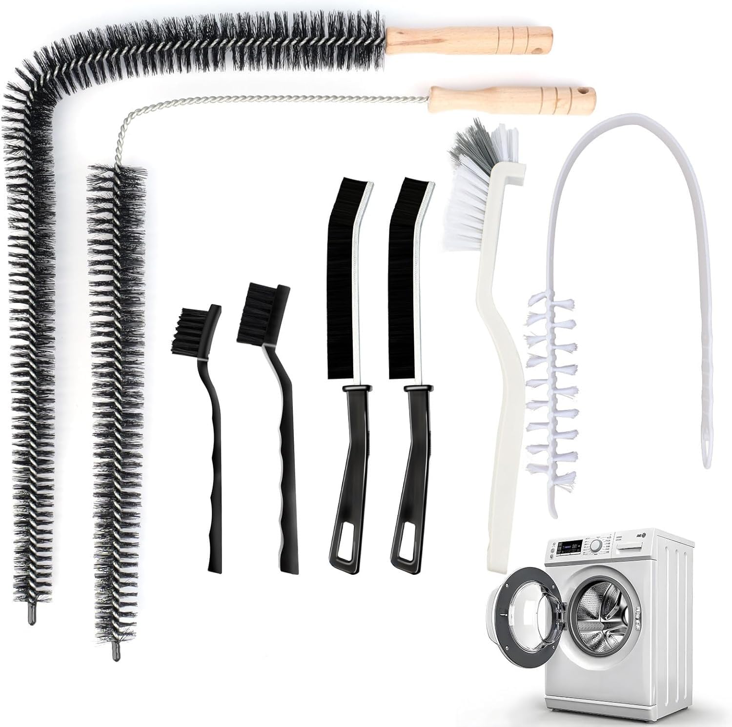 Black Washing Machine Cleaner Brush Kit, 8Pcs-Dryer Vent Cleaner Brush, Crevice Cleaning Brush, Hard Bristle Brushes, Tumble Dryer Cleaning Brush, Radiator Cleaner Brush, For Deep Clean Laundry