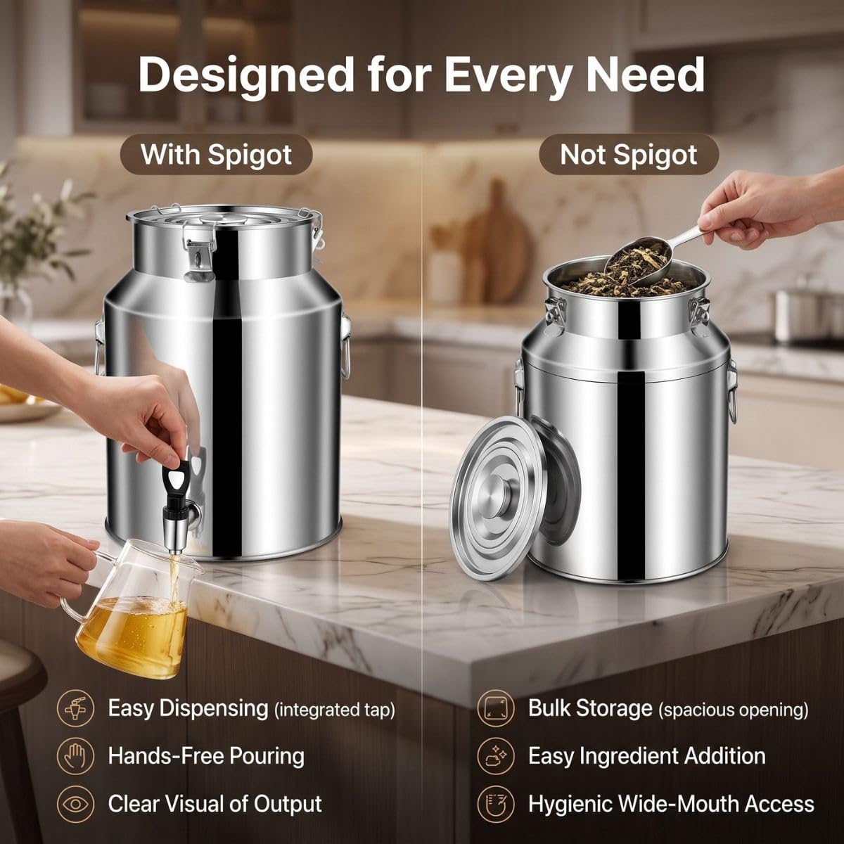 Contenitore per Latte in Acciaio Inox, Bidone Alimentare con Rubinetto | Tanica Ermetica Antiperdita per Olio Vino Acqua, Lattina con Coperchio per Cucina Fattoria Bar(No Spigot,64L/16.91Gal)