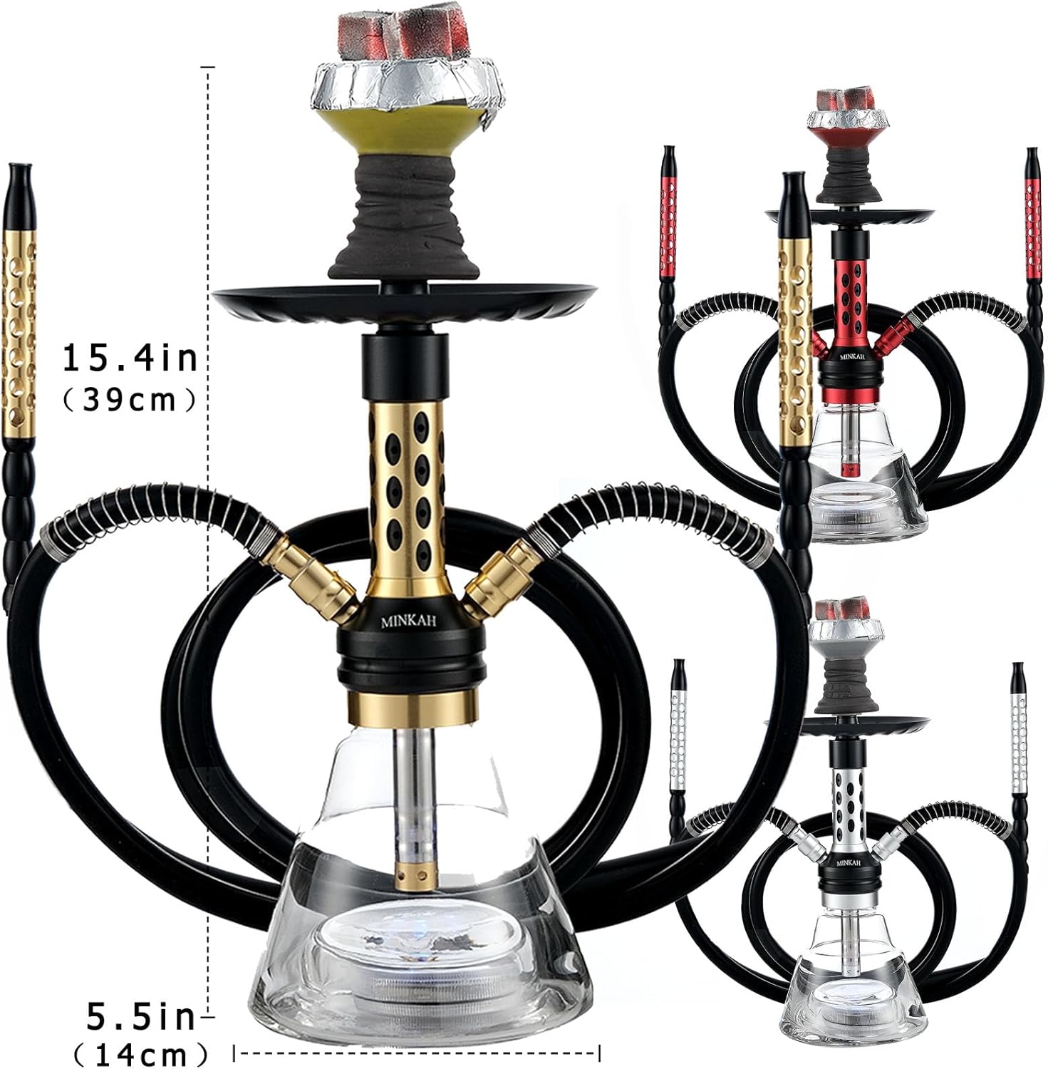 Hookah Set with Everything Upgraded 2 Hose Shisha With Portable Travel Bag LED Light Ceramic Bowl Tongs Mouth Tips Foils Accessories Premium Shisha Complete Set(Gold)