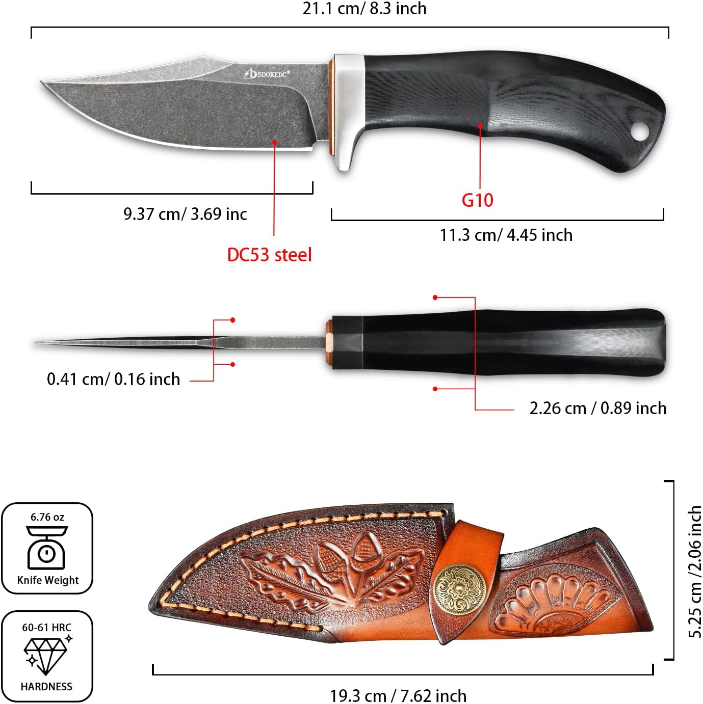 Knives DC53 Steel Fixed Blade Hunting Knife with Sheath Tactical EDC Knife for Men Outdoor Survival Camping Hiking Fishing (Black Stone Wash)