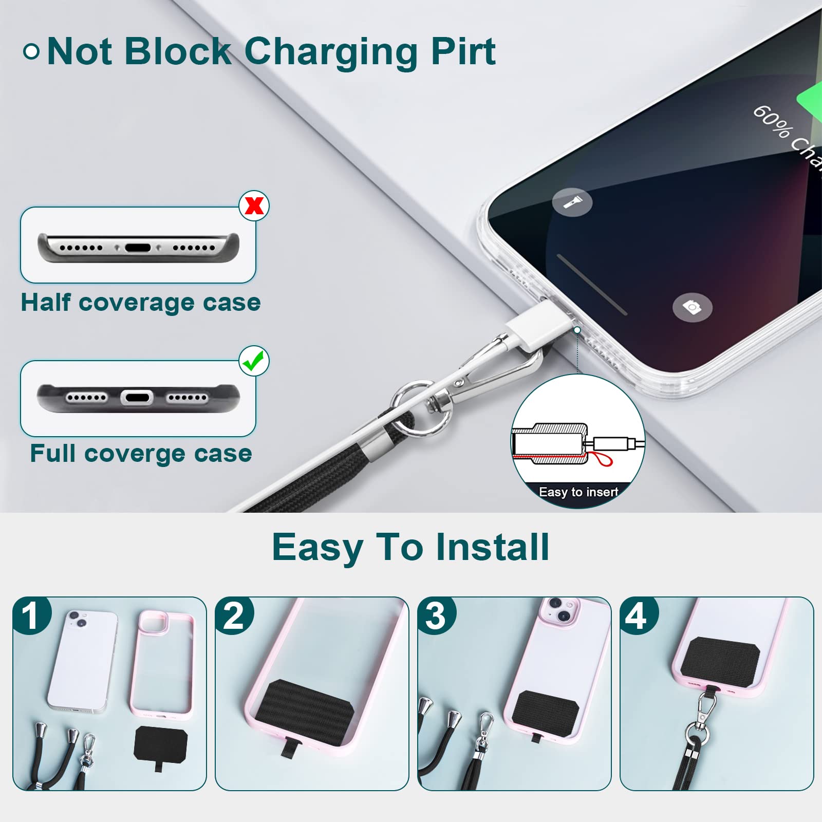 Cordon Pour Téléphone Portable - Lot De 2 Lanières + 6 Patchs - Universel, Réglable - Pour Éviter La Perte