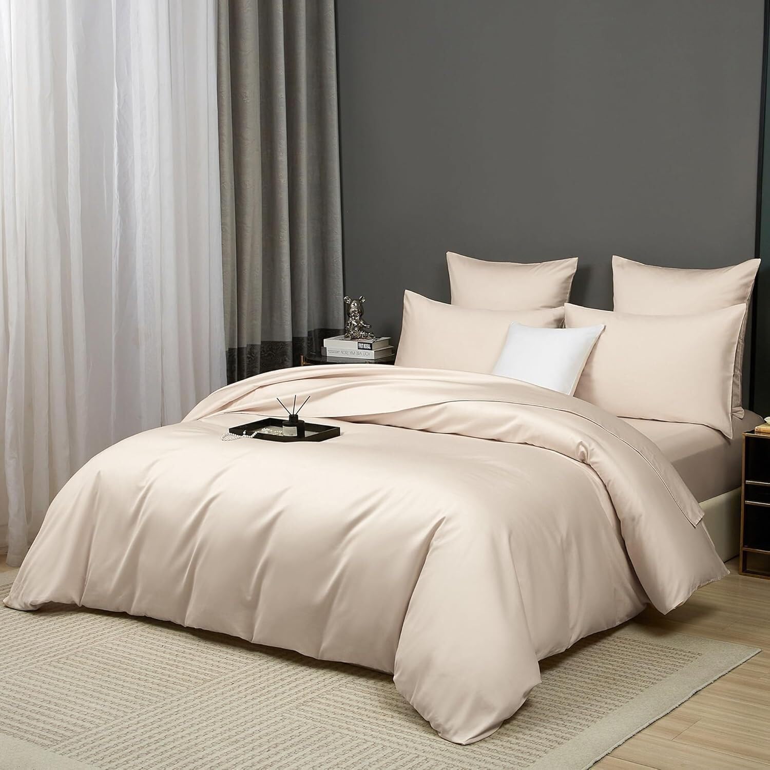 Luofanfei Kühlend Mako Satin Bettwäsche 200x200 Baumwolle Sommer Beige Glatt Muster Atmungsaktiv Bettwäscheset Weich und Bügelfrei Uni Bettbezug und 2 Kissenbezüge 80x80 cm