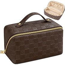 Brown Checkerboard Makeup Bag, Large PU Leather Flat-Lay Cosmetic Organiser