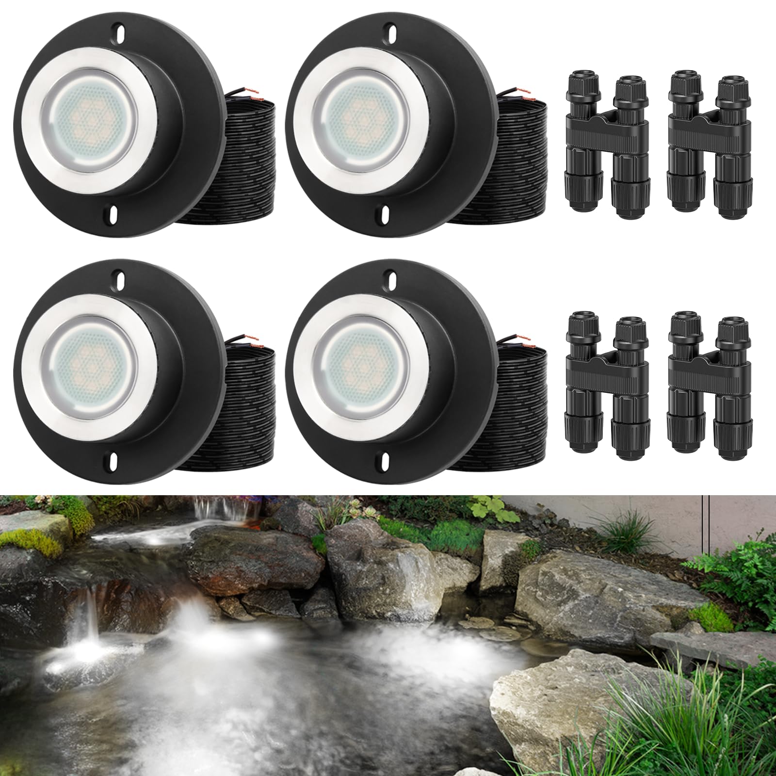 HIBOITEC 3W Pond Light LED Underwater 4000K Low Voltage Pond Lights, 4Pack