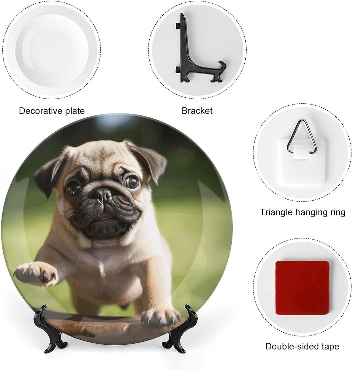 Bone China Decorative Plates Pug Puppies Ceramic Decorative Plate Wall Decor with Display Stand Ceramic Ornaments for Wall Hanging Decoration