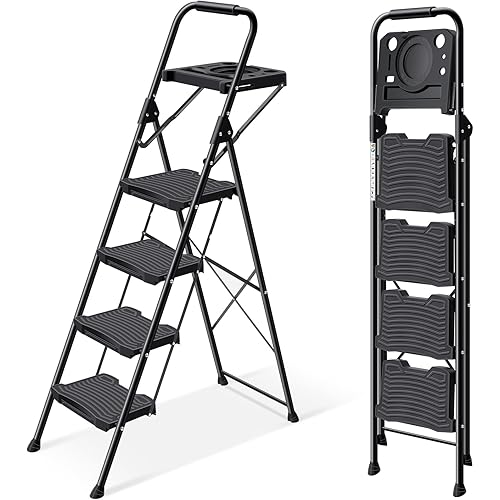 KINGRACK 4 Step Ladder with Tool Platform, Sturdy Step Stool, Anti-Slip Wide Pedals, Handrail, Foldable Step Ladder, Pass 900LBS Testing, Multi-Use for Home, Garage, Garden, Painting, Black