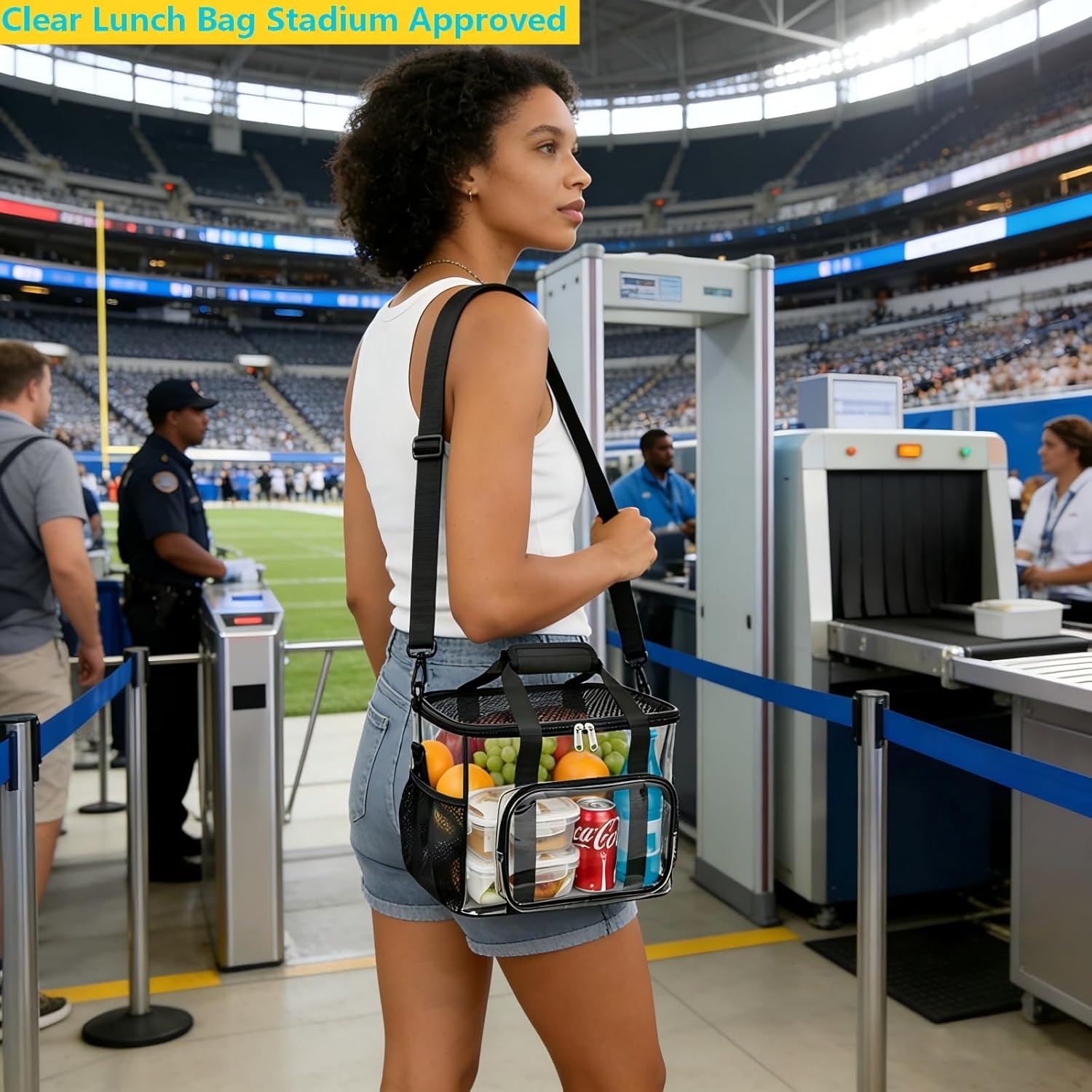 Clear Lunch Bags For Work, Transparent Lunch Bag Stadium Approved, Clear Bag with Adjustable Strap and Front Pocket for Men Women(12"x 9" x 9" Black)