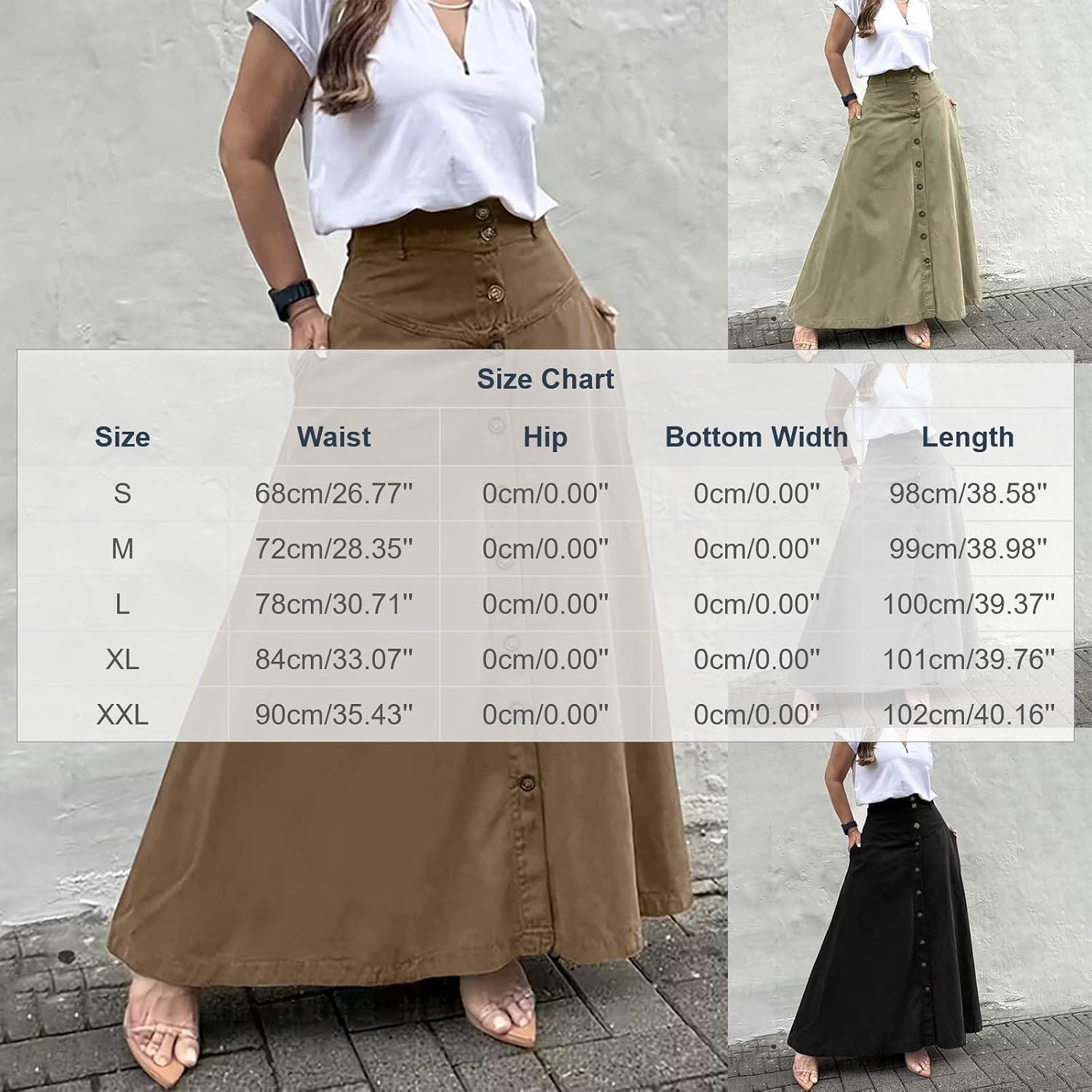 Women's Maxi Skirt Elastic Waist A-Line Boho Casual Flowy Long Skirts Button Down Front Fashion Skirt with Pockets