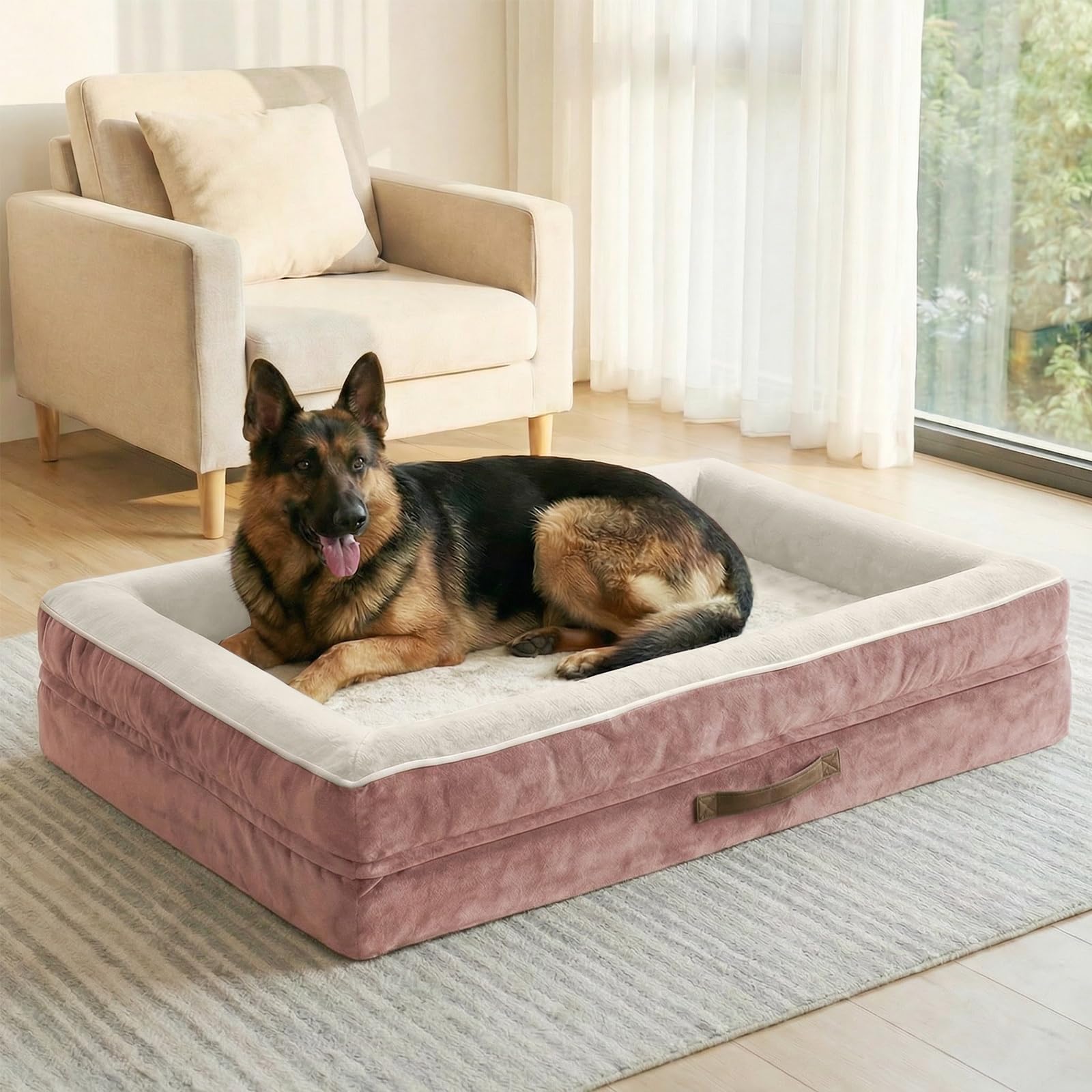 Renvix XXL Orthopedic Dog Bed, Waterproof Dog Sofa Bed with Removable Washable Cover, Soft Egg Foam Pet Bed, Non-Slip Bottom and Four-Sided Bolster Cushion（Pink, 137x91x19cm）