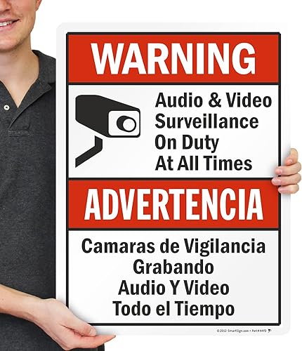 Vista 89 de SmartSign -S-9392-AL-14 Advertencia - Vigilancia de audio y video en servicio en todo momento Aluminio de 10" x 14" - Negro/Rojo sobre Blanco