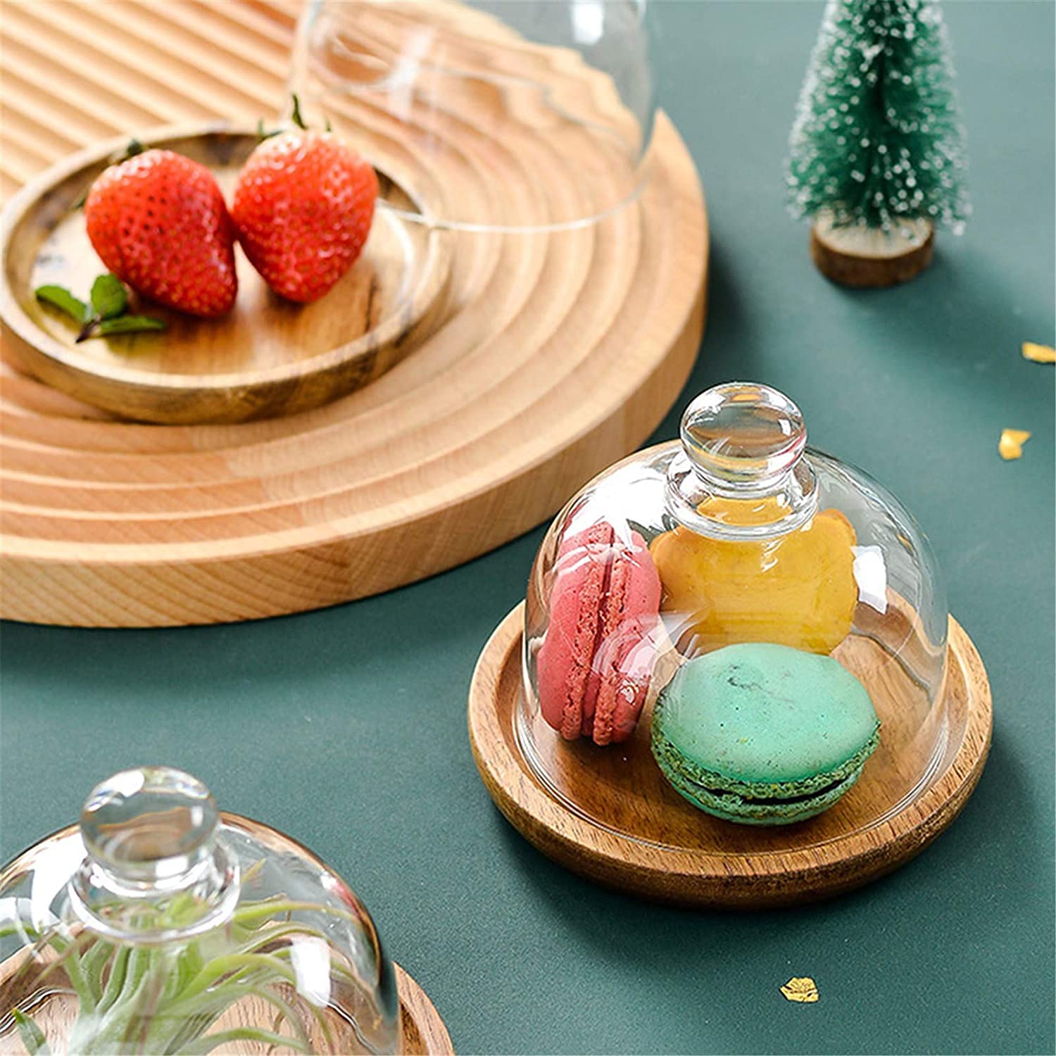 4Pcs Porta Tartas Madera de con Acrilico Cupula, Mini Soporte para Servir Postres, Campana para Tartas Transparente, Exhibición de Postre de Pastel de Buffet de Hotel, 10.5x9.5cm