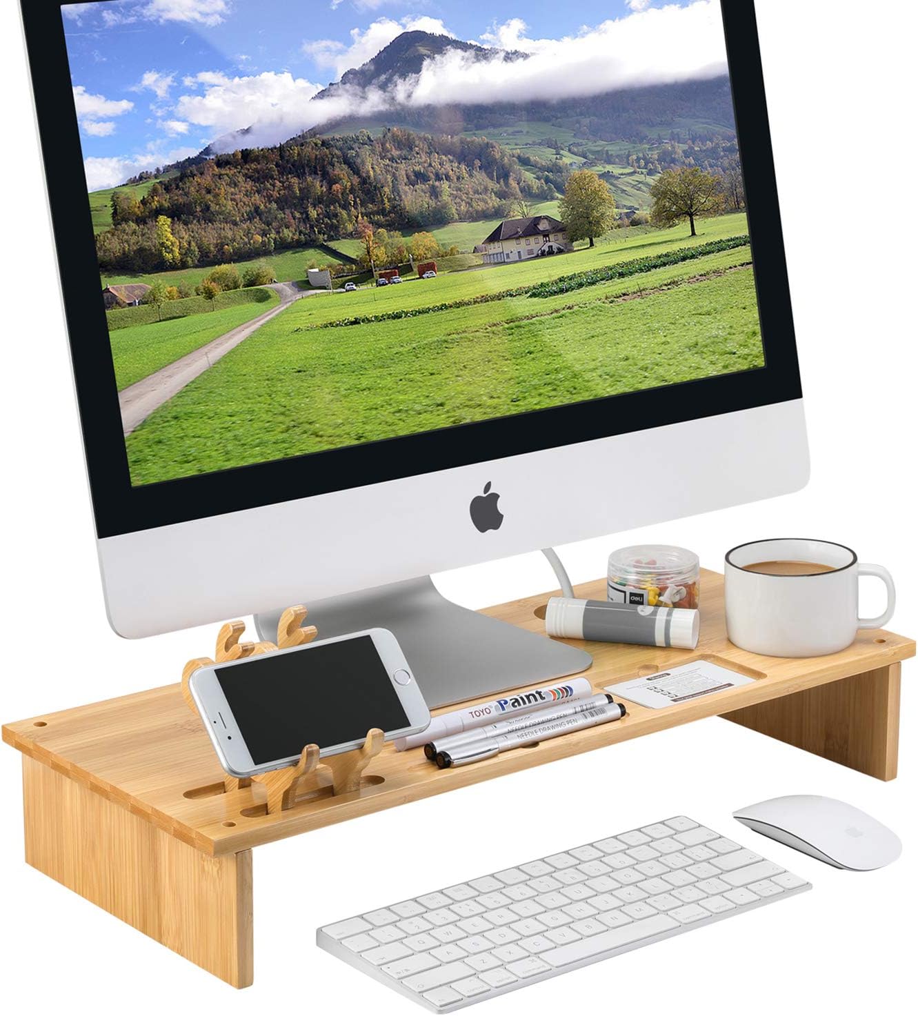 MaidMAX Monitor Riser Stand Bamboo Screen Riser, Desktop Storage Organiser for Computers & Laptops, with 2 Deer Phone Holder, Original, W54 x D23 x H9cm (Computer and accessories are not included)
