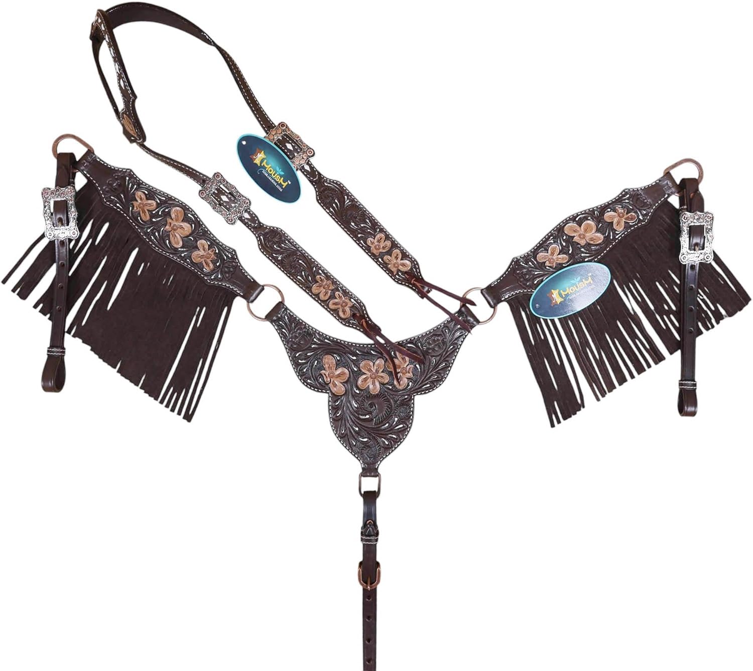 Western Leather Headstall and Breast Collar Tack Set with Flower Carving, Hand Painting, and Brown Fringe, Argentina Cow Leather