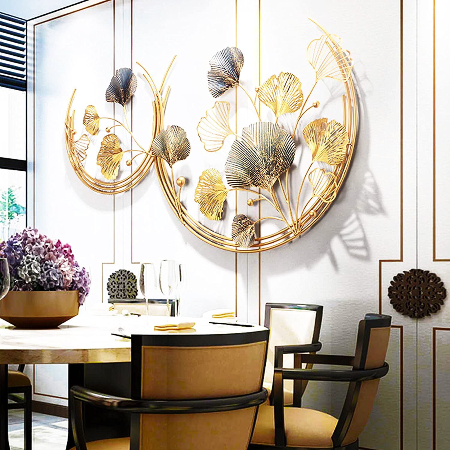 Grande Sculpture Murale Métal Feuille Ginkgo Dorée - 120 X 57 Cm - Décoration Luxe Moderne Salon Chambre