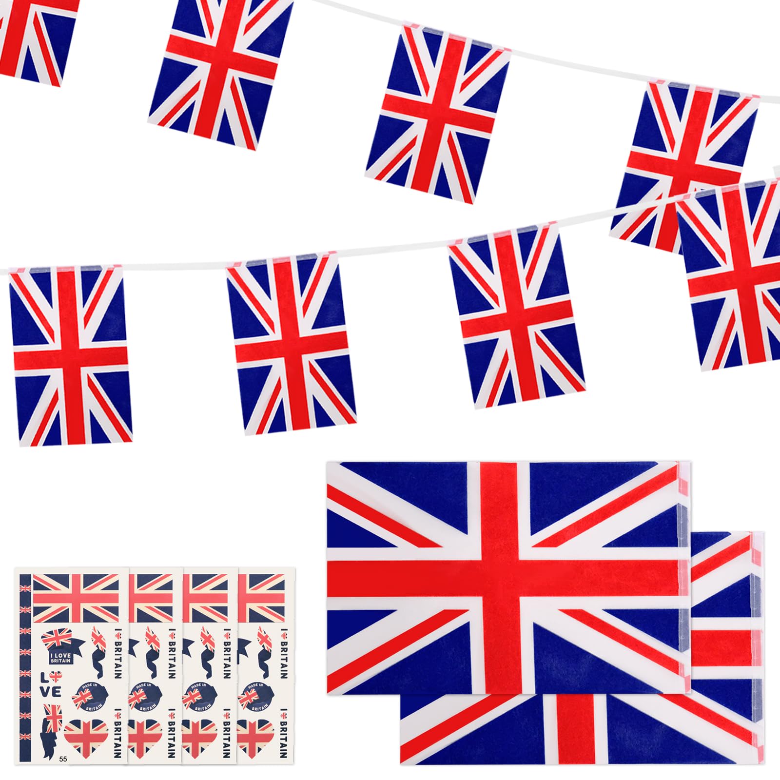 2 Pack Union Jack Bunting, 60 Flags Total, Double Sided British Flag Banner, Waterproof Polyester Decorations for Street Party, Garden, Pub, Football Watch Party and Sports Events