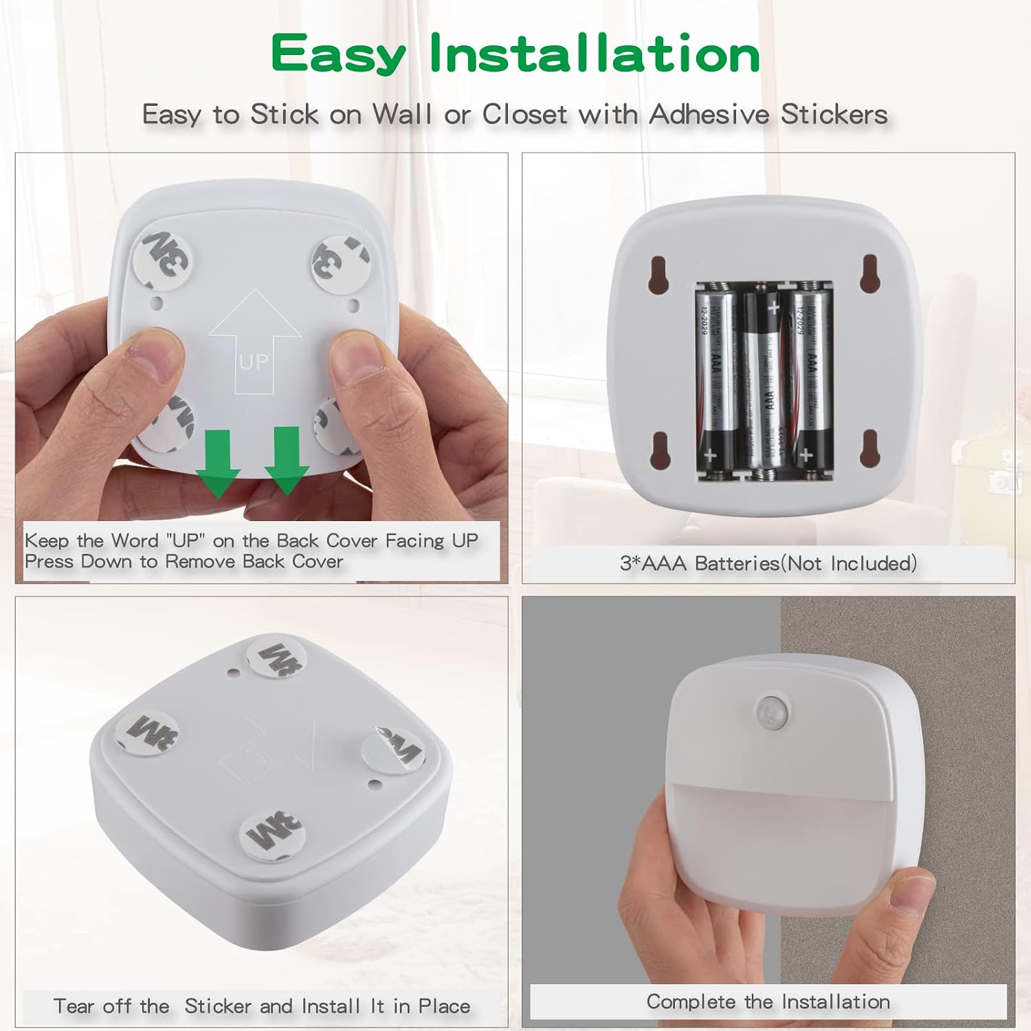 HOOJIN Motion Sensor Night Light Indoor, Cordless Battery-Powered LED Night Light for Bedroom, Toilet, Kitchen, Garage, Wardrobe, Cabinet, Basement, Stairs, Corridor, Corners (Warm Light - Pack of 6)
